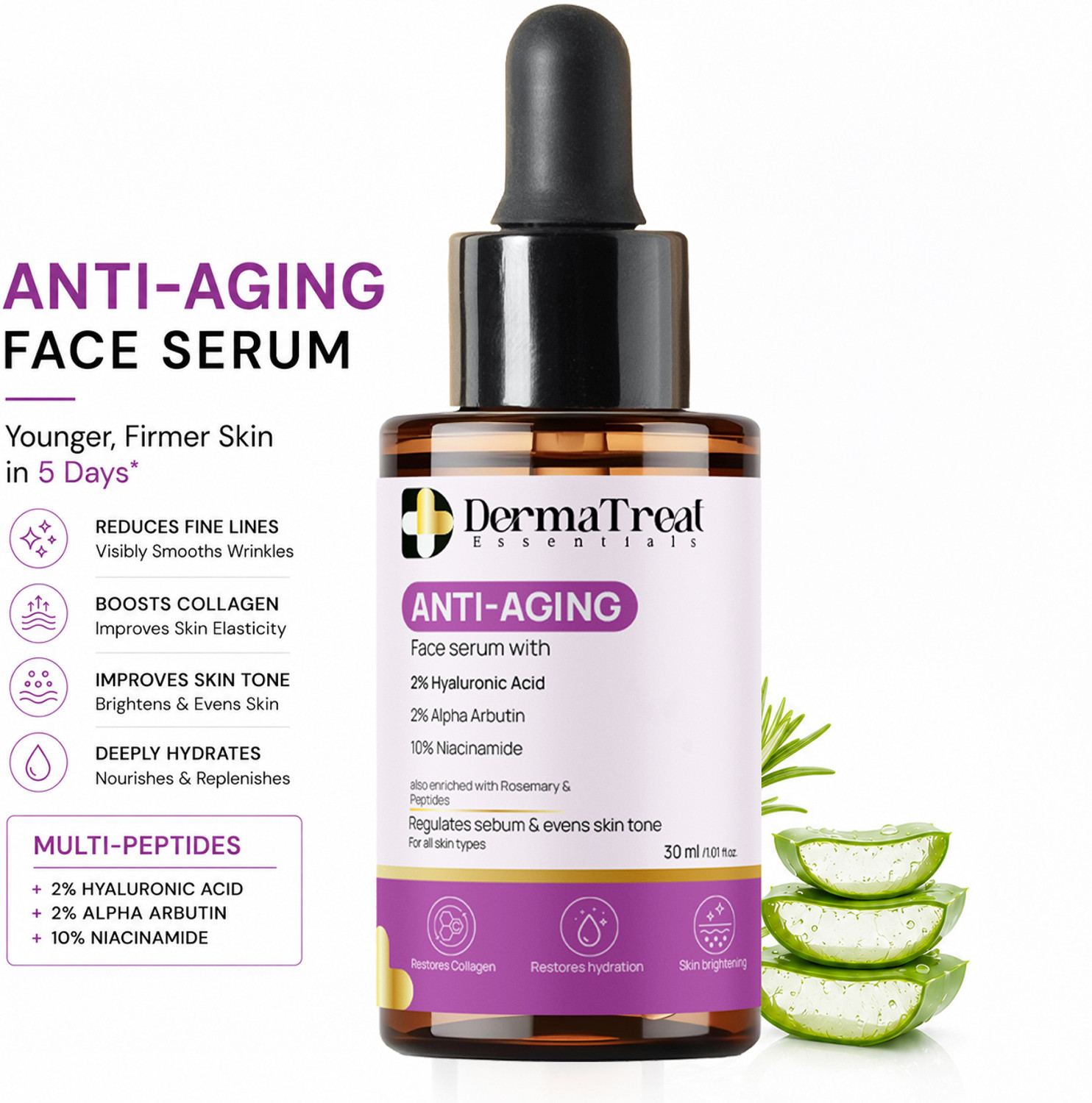 Image of DermaTreat Essentials Anti-Aging Face Serum with 2% Hyaluronic, 2% Alpha Arbutin, 10% Niacinamide Acid & Peptides For Wrinkles, Glow & Elasticity