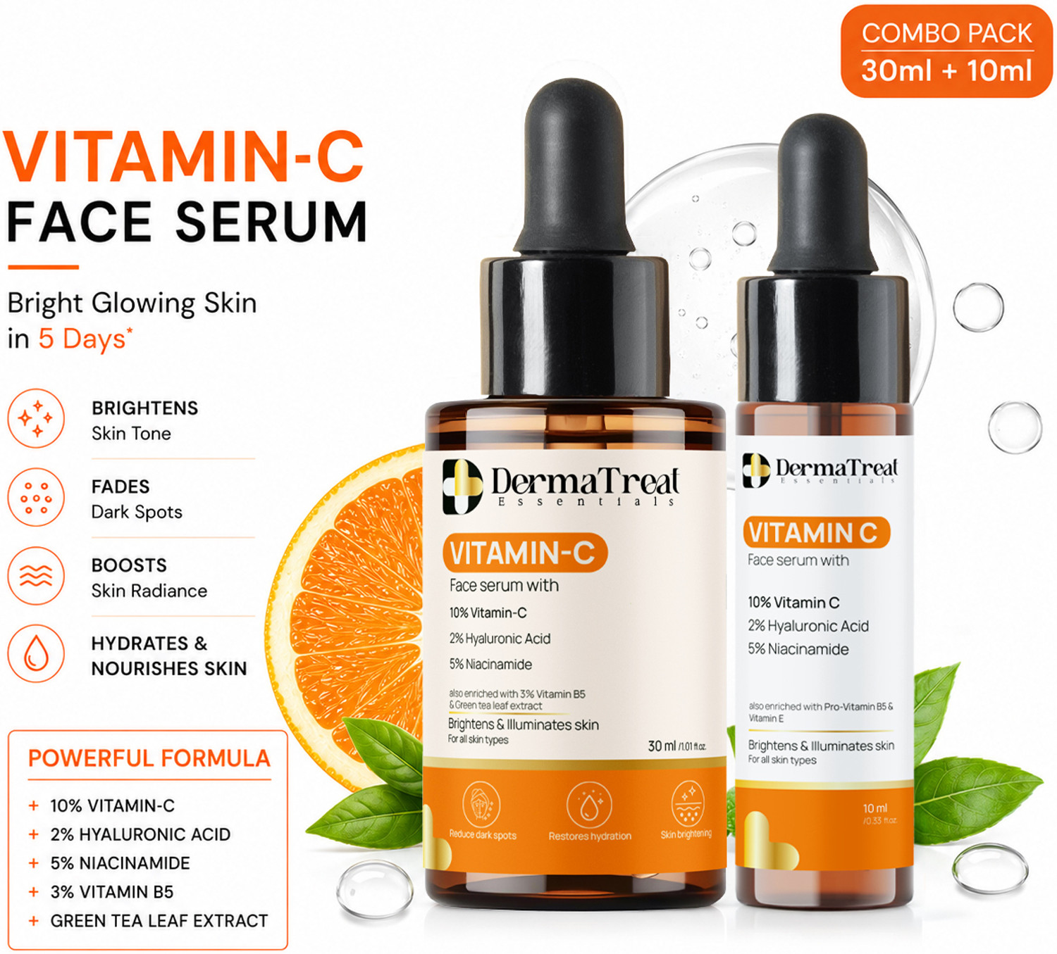 Image of DermaTreat Essentials 10% Vitamin C Face Serum with Niacinamide & Hyaluronic Acid | Reduces Dark Spots & Treats Pigmentation | For Glowing Skin