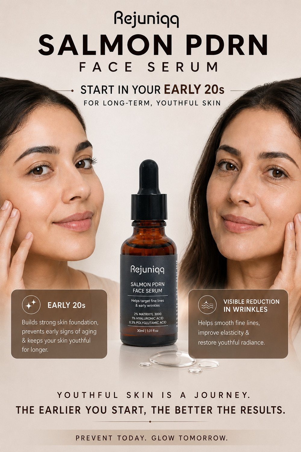 Image of rejuniqq Salmon PDRN Face Serum with Hyaluronic Acid, Niacinamide & Matrixyl 3000 | Anti-Aging, Hydrating & Brightening Serum