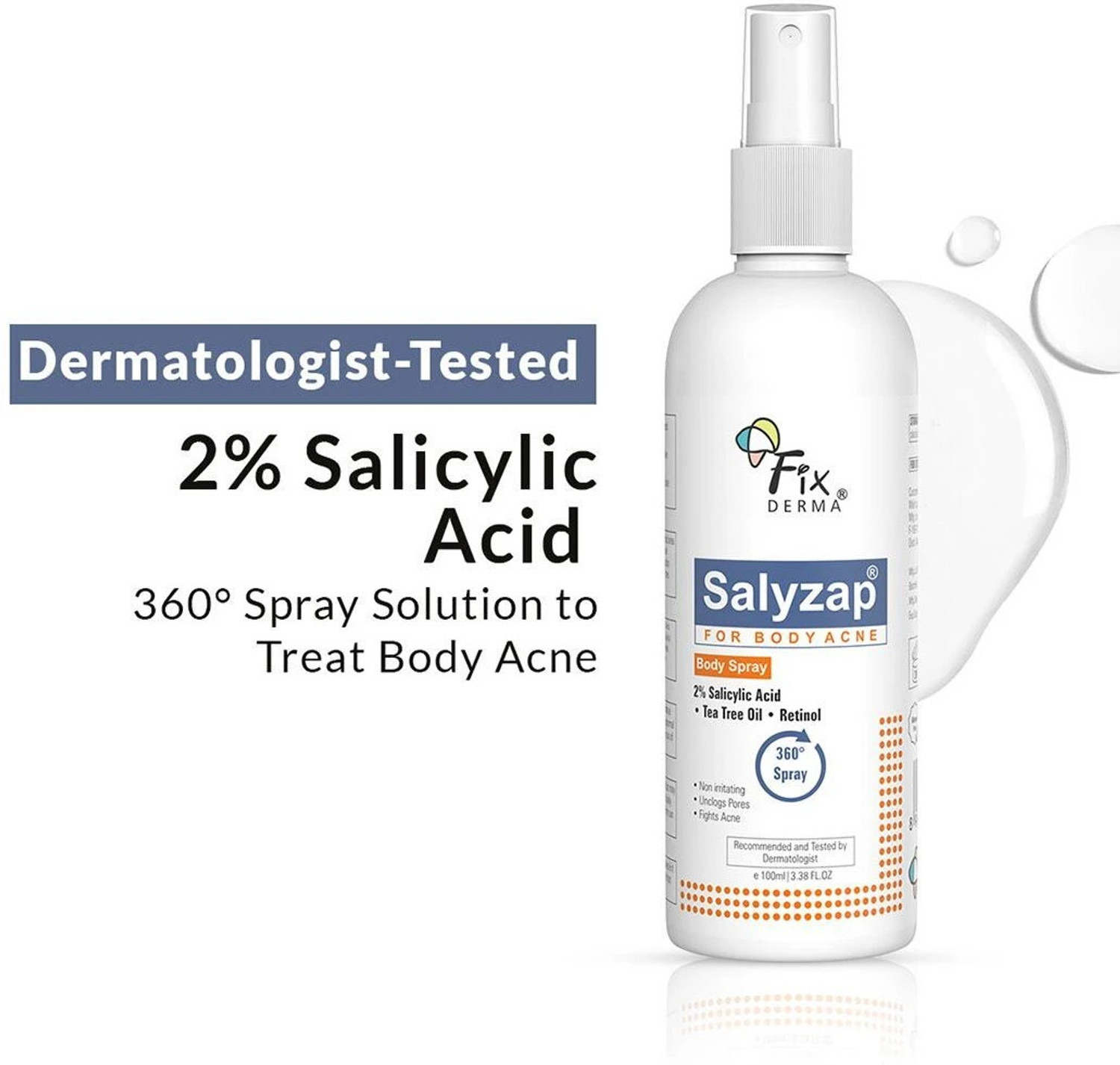 Image of Fixderma 2% Salicylic Acid Salyzap Body Acne Spray For Acne on Back, Shoulders & Chest