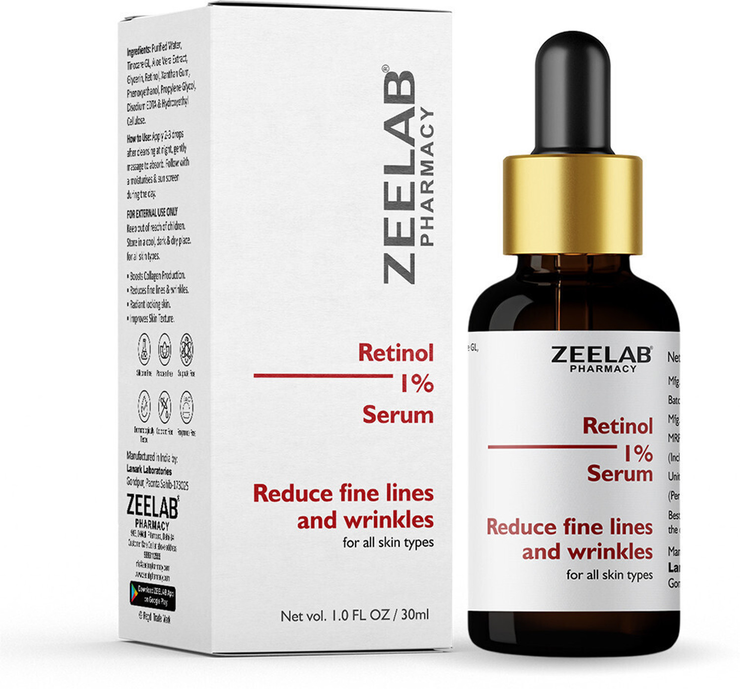 Image of zeelab Retinol 1% Face Serum with Collagen - Retinol Serum for Face, Men & Women | For Oily Skin, Open Pores, Acne, Dark Spots & Wrinkles | Anti-Aging Skin Brightening Formula