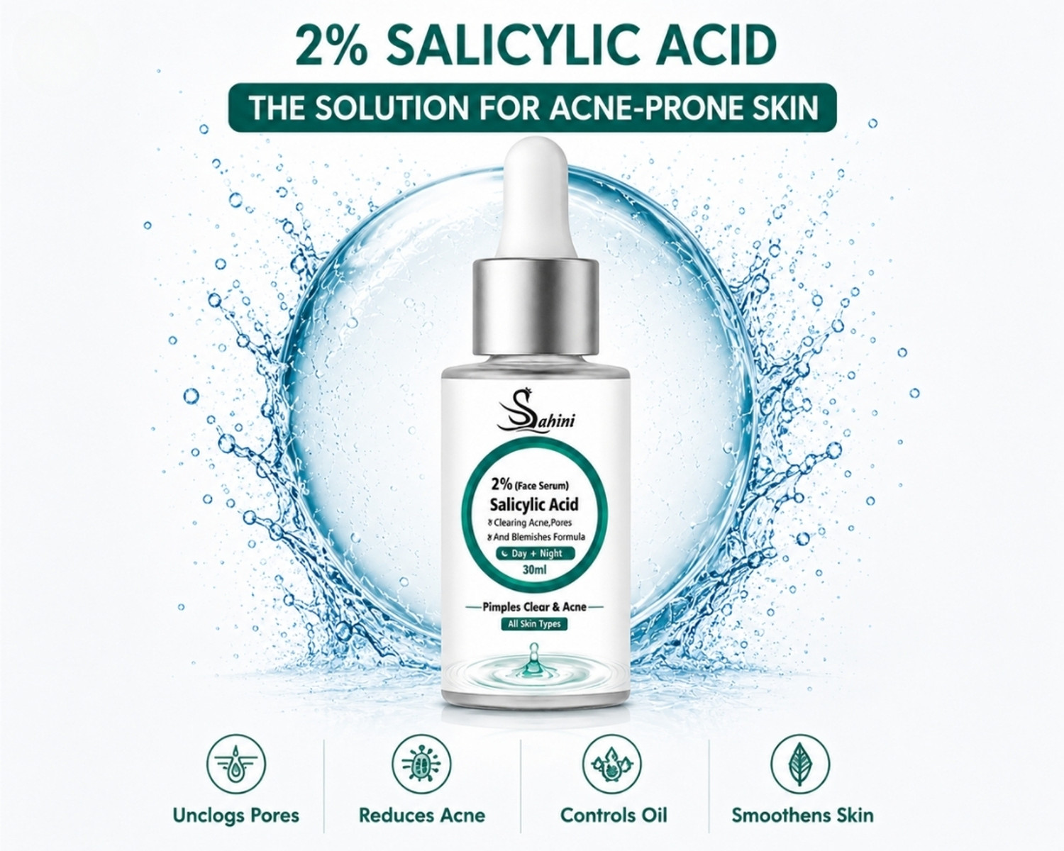 Image of sahini 2% Salicylic Acid Face Serum for Acne, Pimples, Pores & Blemishes | Face Serum for Oily & All Skin Types | Day & Night Use