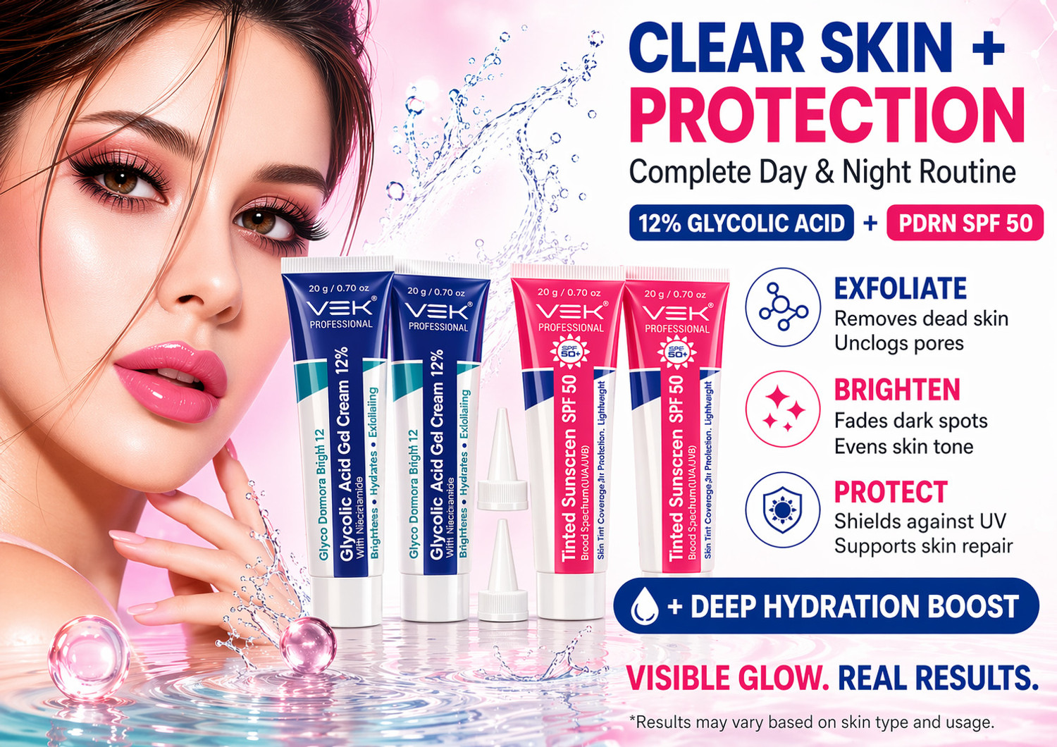 Image of Vsk Professionals 12% Glycolic Acid Cream Gel for Brightning, Anti-Pigmentation & Melasma Acne, Pimples & Dark Spots | Unclogs Pores, Smooth Skin Care With PDRN SPF50 Sunscreen Combo 4 Tubes 20g each (80grm)