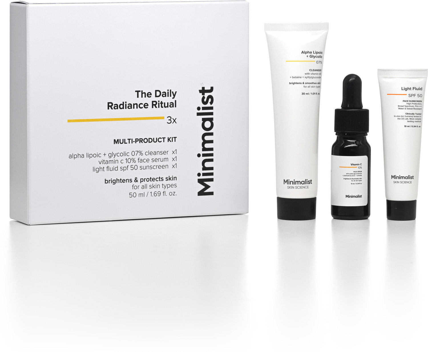 Image of Minimalist Glow & Brightening Skincare Kit| ALA Cleanser + Vitamin C serum + Fluid Sunscreen