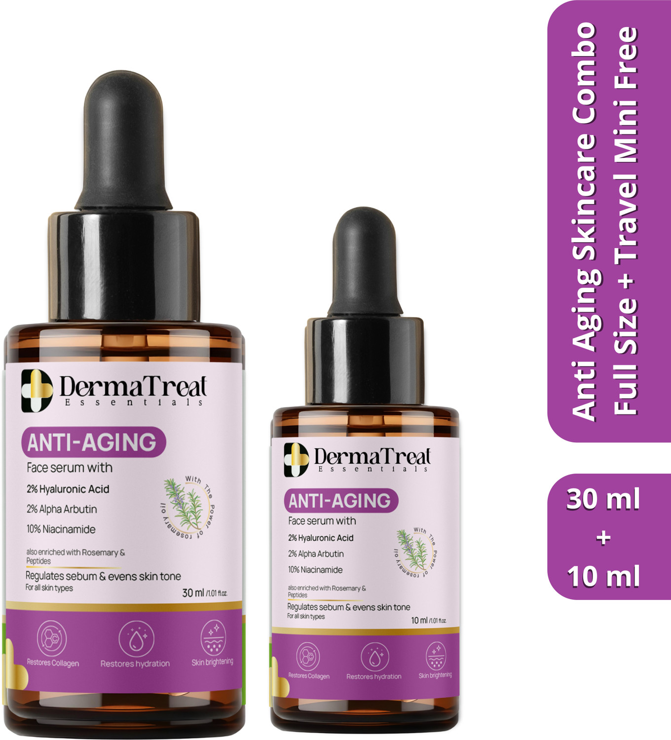 Image of DermaTreat Essentials Anti Aging Skincare Combo - Full Size Serum 30ml + Travel Mini 10ml Free | Wrinkle Care | Skin Tightening | Collagen Boost & Hydration | Reduces Signs of Aging (Set of 2)