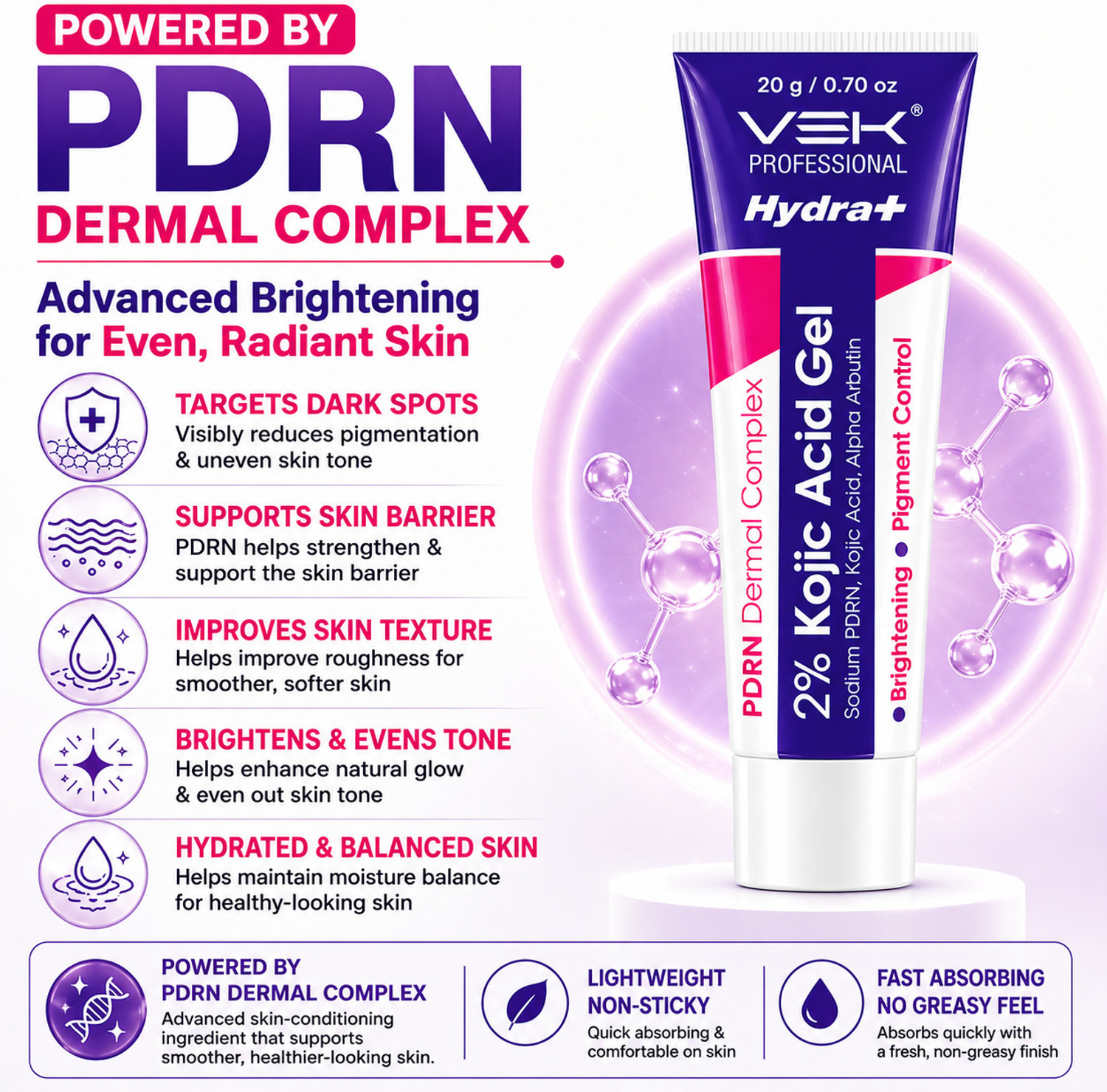 Image of Vsk Professionals Hydrate 2% Kojic Acid Serum in Gel with PDRN Dermal Complex, Glow Sunscreen & Tinted Sunscreen SPF 50+ | Alpha Arbutin Brightening Treatment for Dark Spots, Melasma & Uneven Skin Tone | Lightweight Non-Greasy Daily Use Combo |4 Tubes 20g
