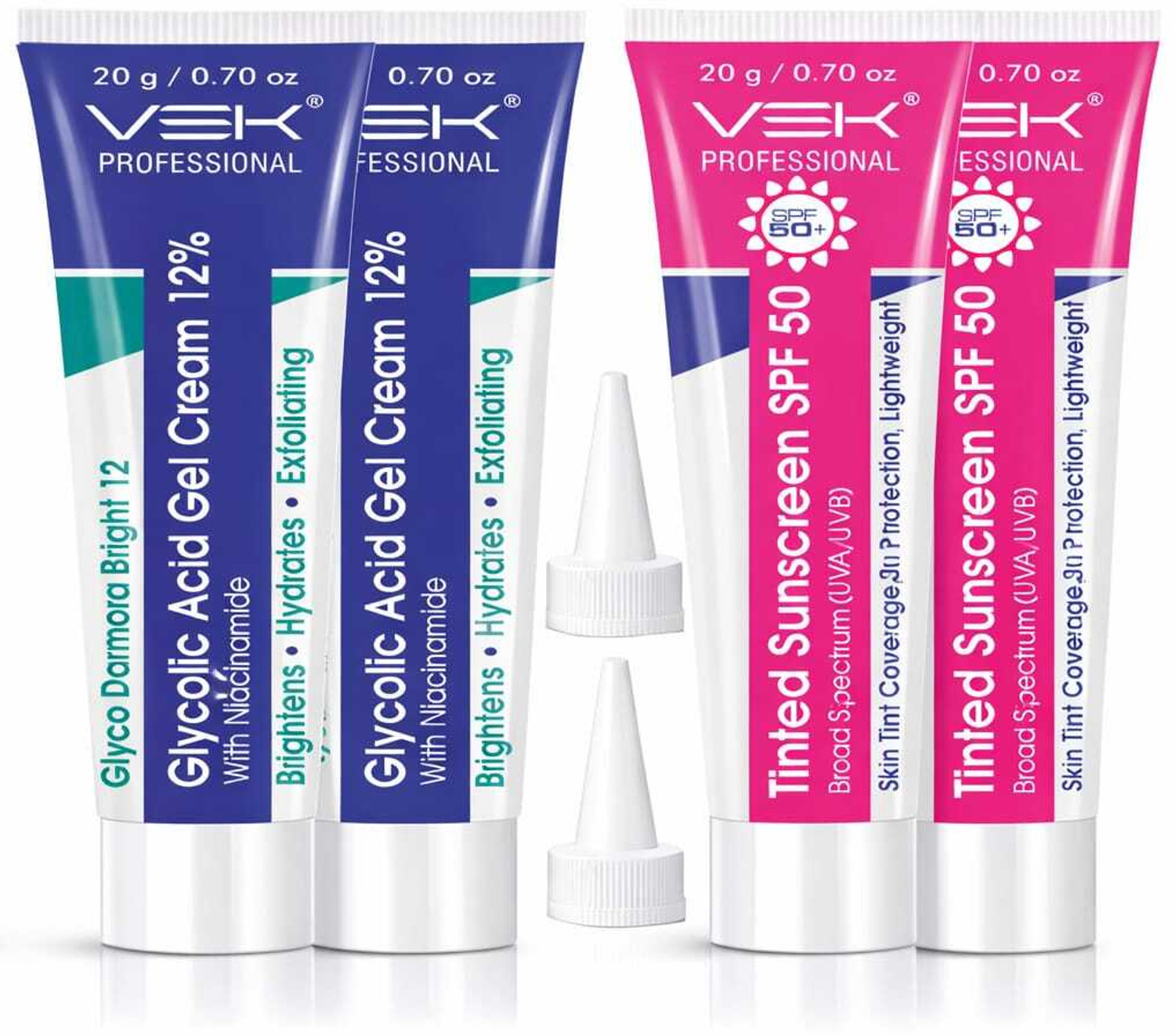 Image of Vsk Professionals 12% Glycolic Acid Cream Gel for Brightning, Anti-Pigmentation & Melasma Acne, Pimples & Dark Spots | Unclogs Pores, Smooth Skin Care With PDRN SPF50 Sunscreen Combo 4 Tubes 20g each (80grm)