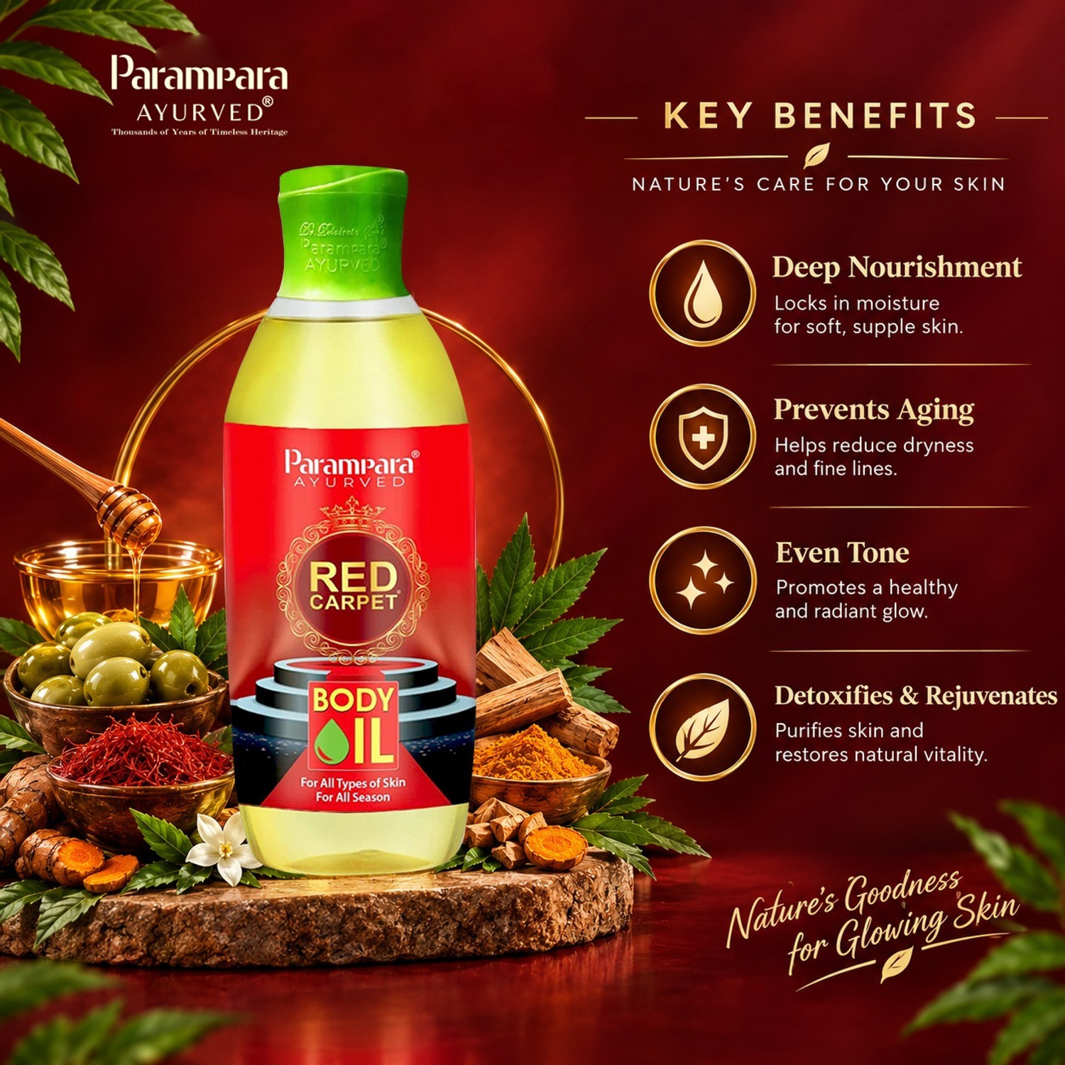 Image of Parampara Ayurved Red Carpet Body Oil for Men & Women 1 Litre (1000 ml)