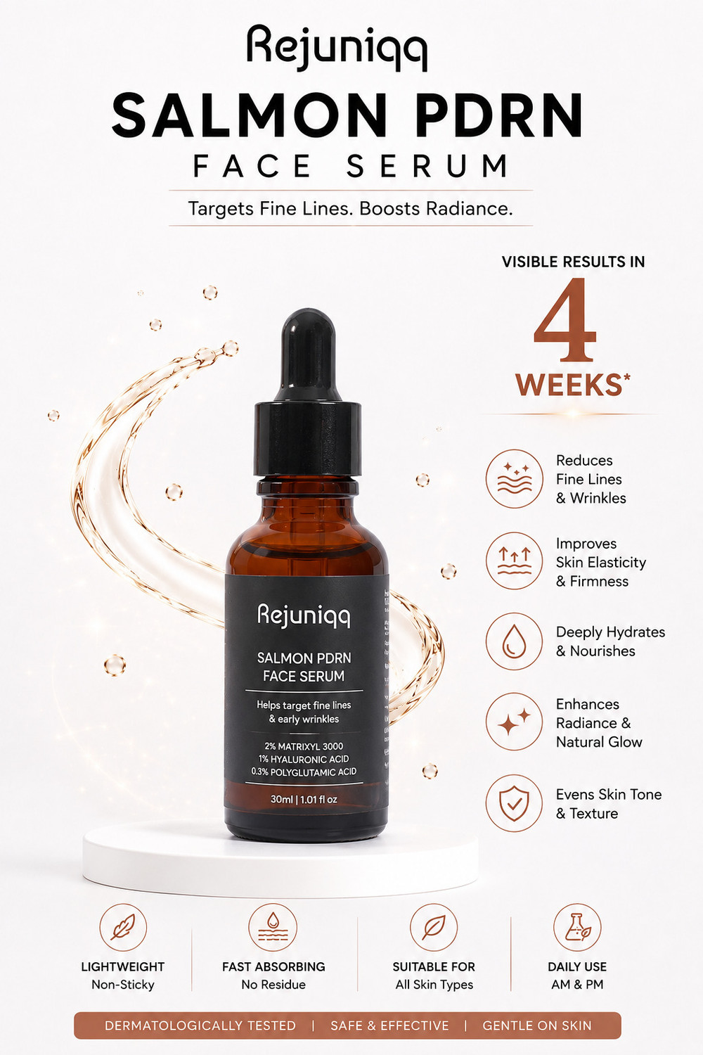 Image of rejuniqq Salmon PDRN Face Serum with Hyaluronic Acid, Niacinamide & Matrixyl 3000 | Anti-Aging, Hydrating & Brightening Serum