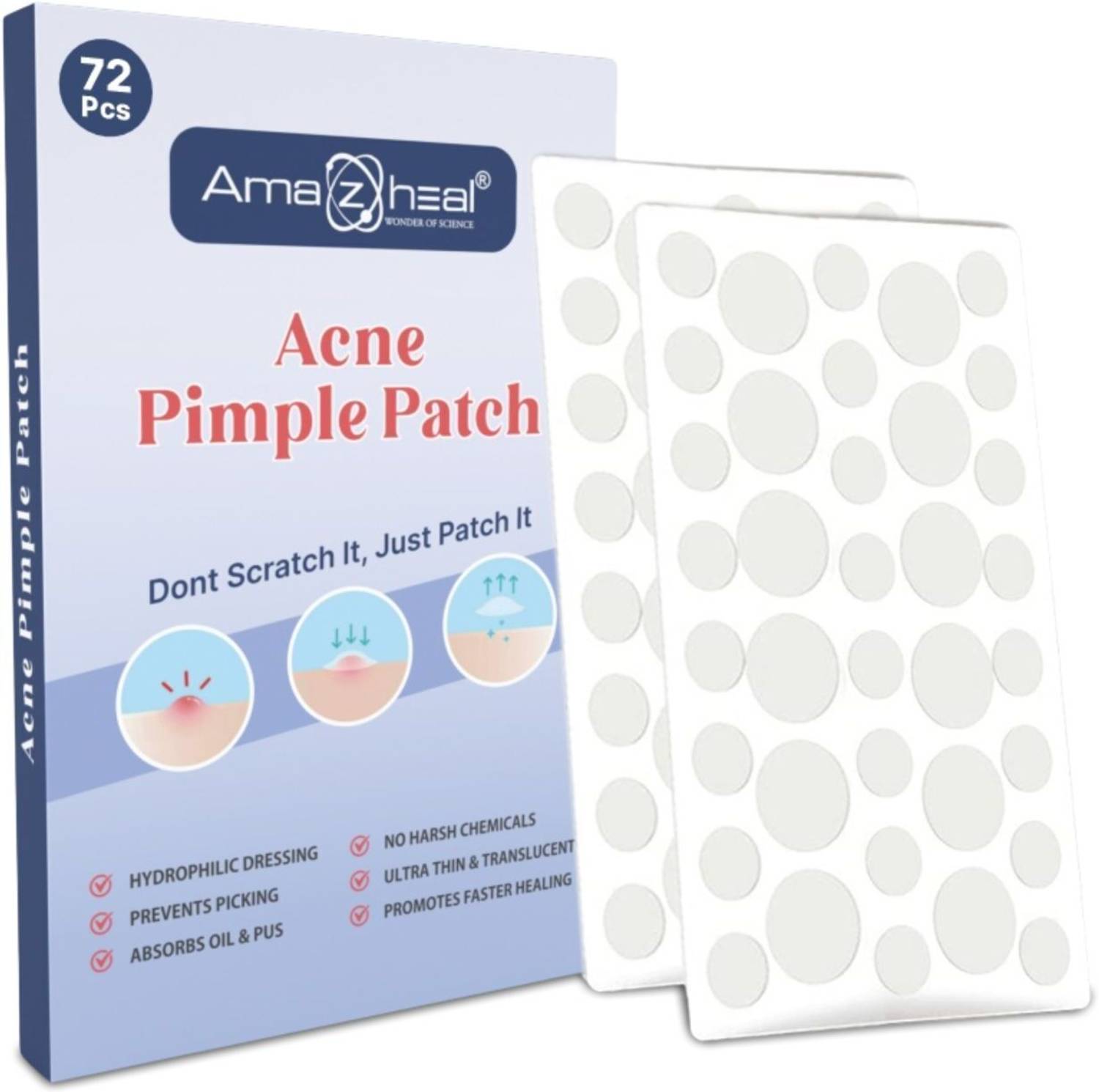 Amazheal Acne Pimple Patch, 72 Invisible Facial Dots 100% Hydrocolloid Waterproof Patches | For All Skin Types