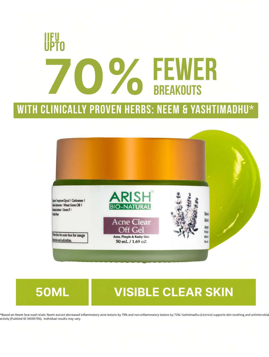 ARISH BIO-NATURAL Acne Clear Off Gel | Oil‑Control Acne Clearing Gel with Neem, Tea Tree
