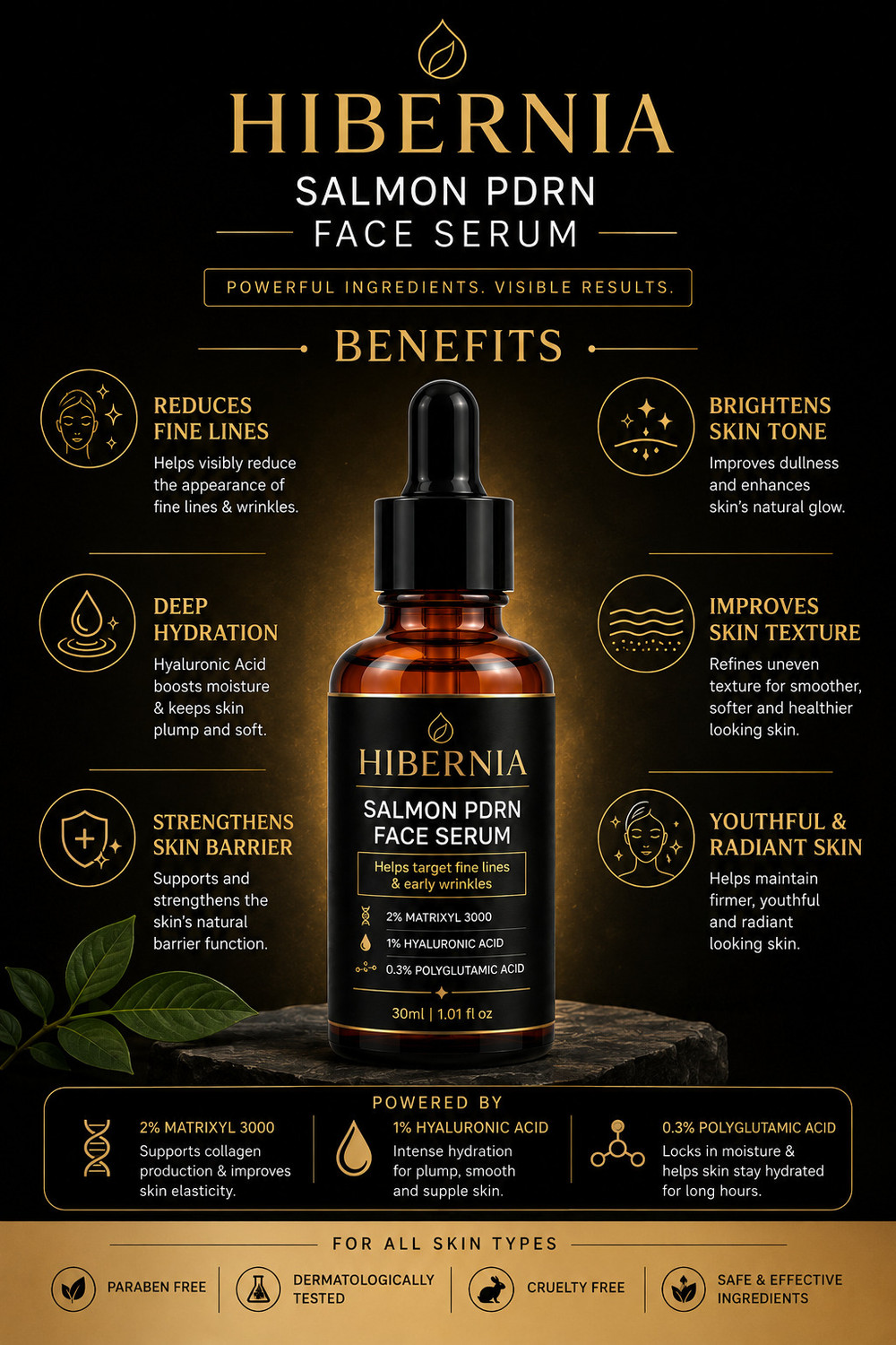 Image of Hibernia NEW Salmon PDRN Face Serum with Hyaluronic Acid, Niacinamide & Matrixyl 3000 | Anti-Aging, Hydrating & Brightening Serum (30 ml)