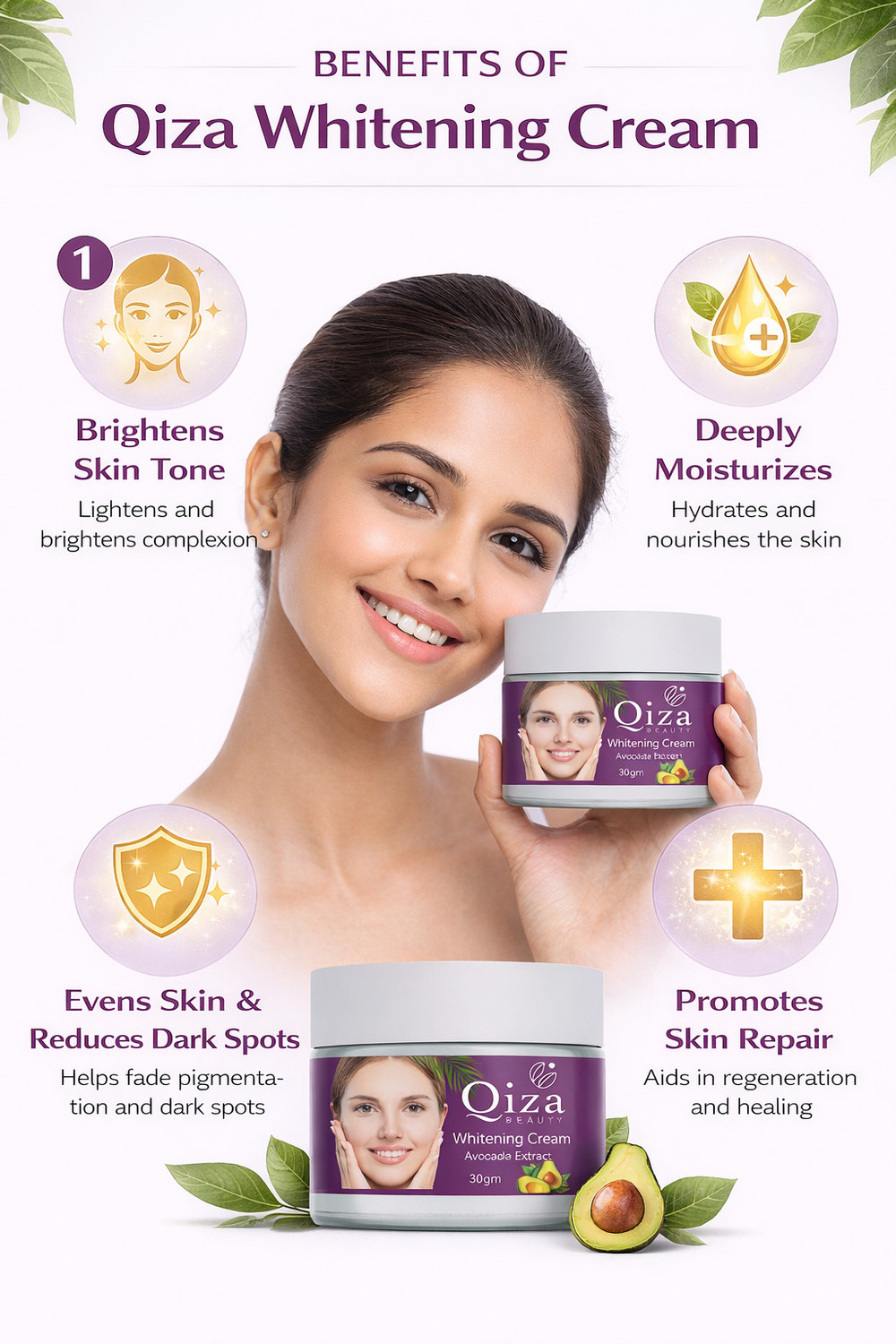 Image of Qiza Beauty Whitening Cream - Avocado Extract for Radiant & Even Skin