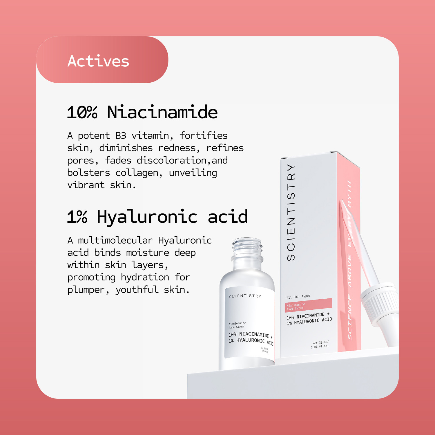 Image of Scientistry Niacinamide Face Serum with 10% Niacinamide + 1% Hyaluronic Acid reduce blemish