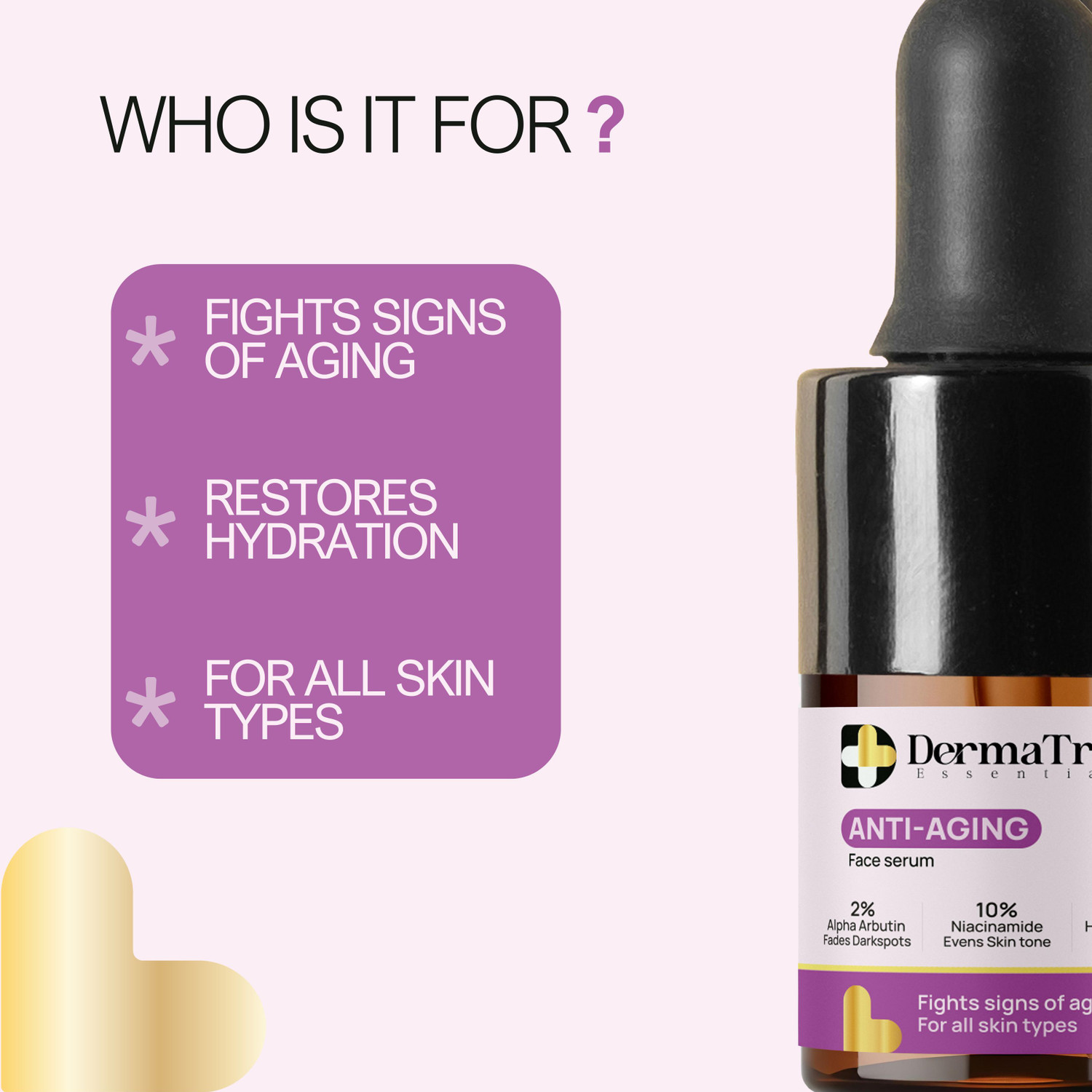 Image of DermaTreat Essentials Anti-Aging Face Serum With 2% Hyaluronic, 2% Alpha Arbutin, 10% Niacinamide Acid & Peptides Improve Appearance Of Dark Spots, Tone, Fine Lines And Wrinkles 5ML