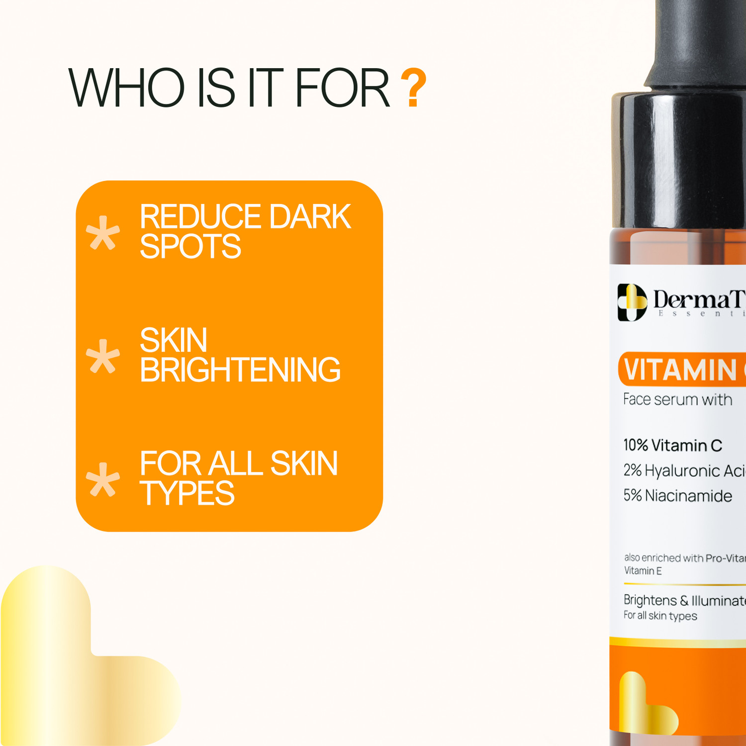 Image of DermaTreat Essentials 10% Vitamin C Face Serum with Niacinamide & Hyaluronic Acid | Reduces Dark Spots & Treats Pigmentation | For Glowing Skin