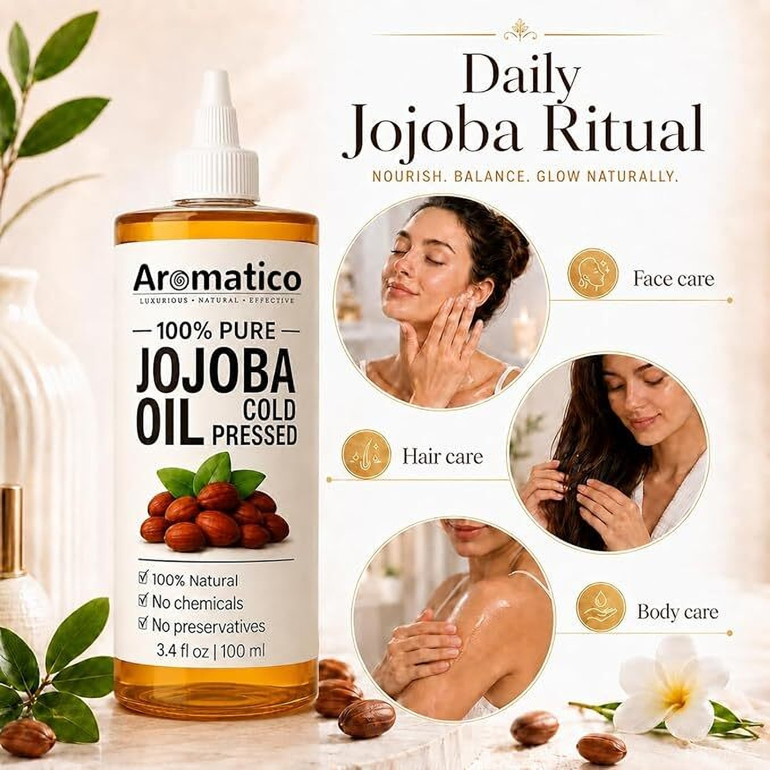 Image of Aromatico 100% Pure Cold Pressed Jojoba Oil for Nourishing Hair Growth and Glowing Skin