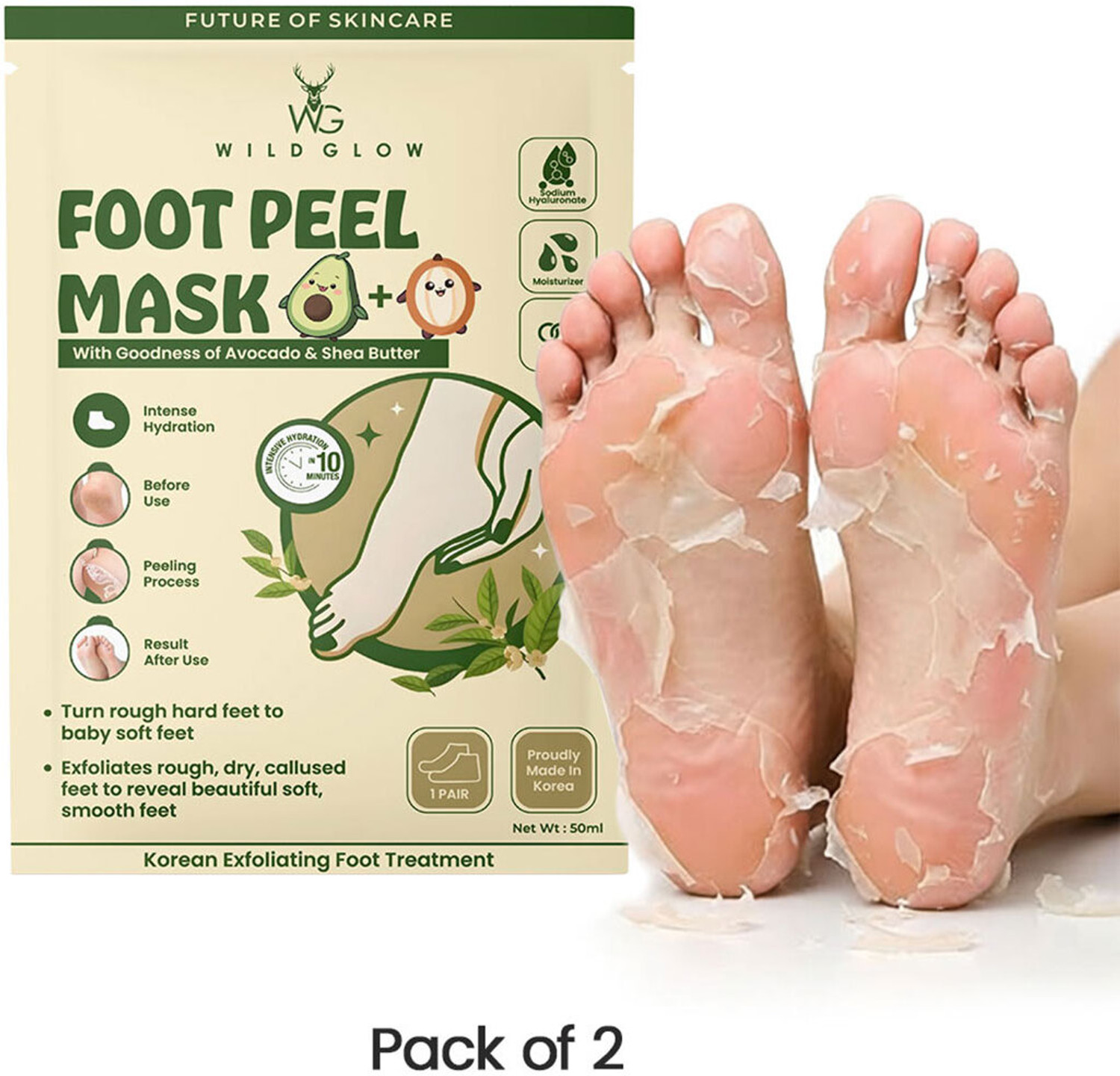 WILDGLOW Korean Peeling Foot Mask Avocado Shea Pack of 2