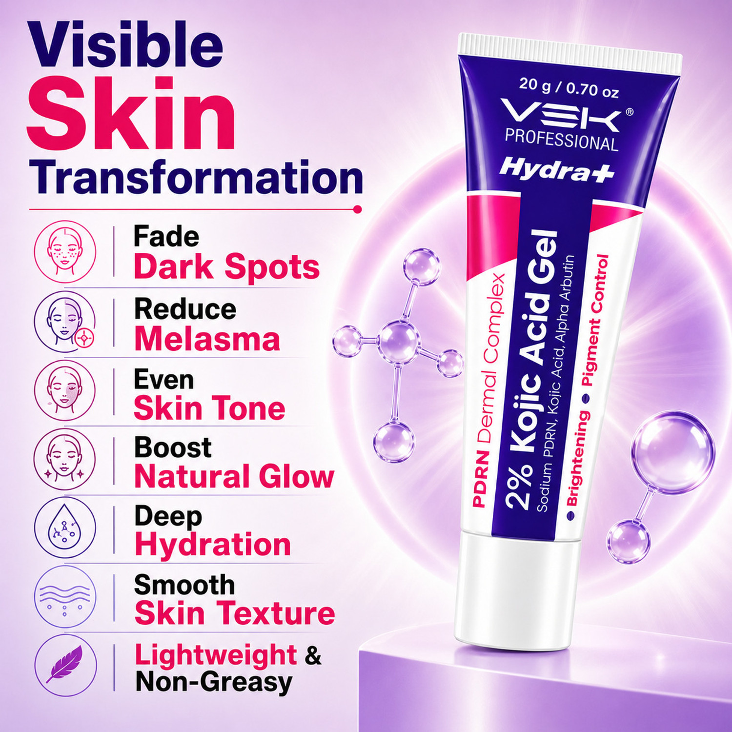 Image of Vsk Professionals Hydrate 2% Kojic Acid Serum in Gel with PDRN Dermal Complex, Glow Sunscreen & Tinted Sunscreen SPF 50+ | Alpha Arbutin Brightening Treatment for Dark Spots, Melasma & Uneven Skin Tone | Lightweight Non-Greasy Daily Use Combo |4 Tubes 20g