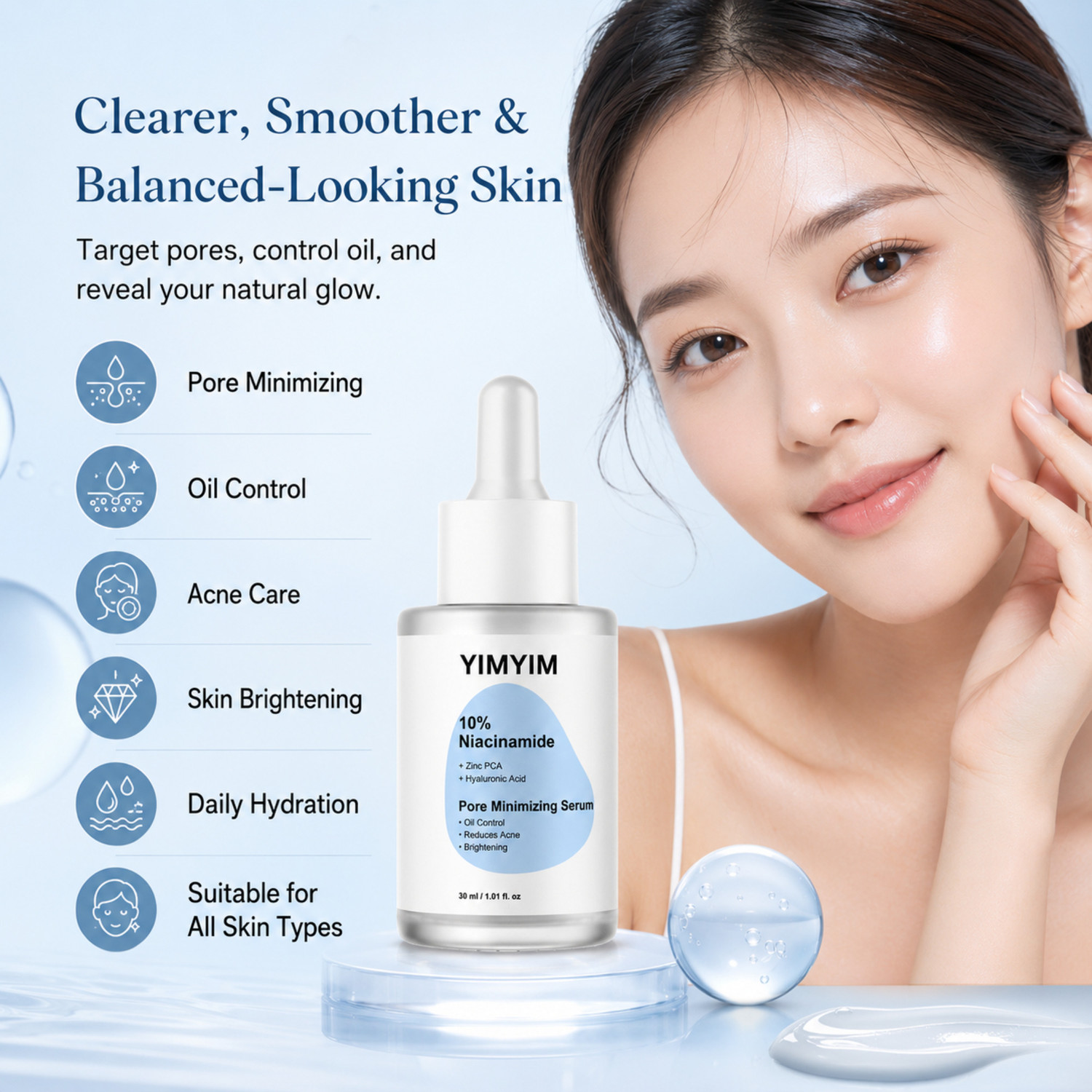 Image of YIMYIM 10% Niacinamide Face Serum with Zinc PCA & Hyaluronic Acid | Pore Minimizing, Oil Control, Acne Reducing & Brightening Serum