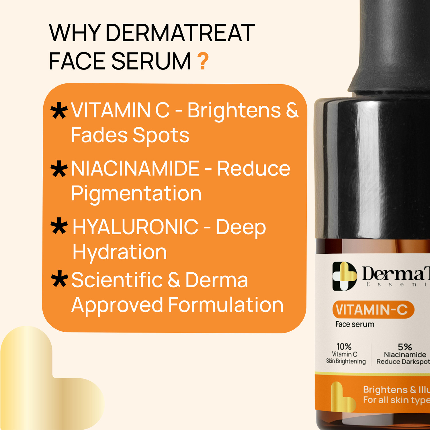 Image of DermaTreat Essentials DermaTreat Essentials 10% Vitamin C Face Serum with Niacinamide & Hyaluronic Acid | Reduces Dark Spots & Treats Pigmentation | For Glowing Skin