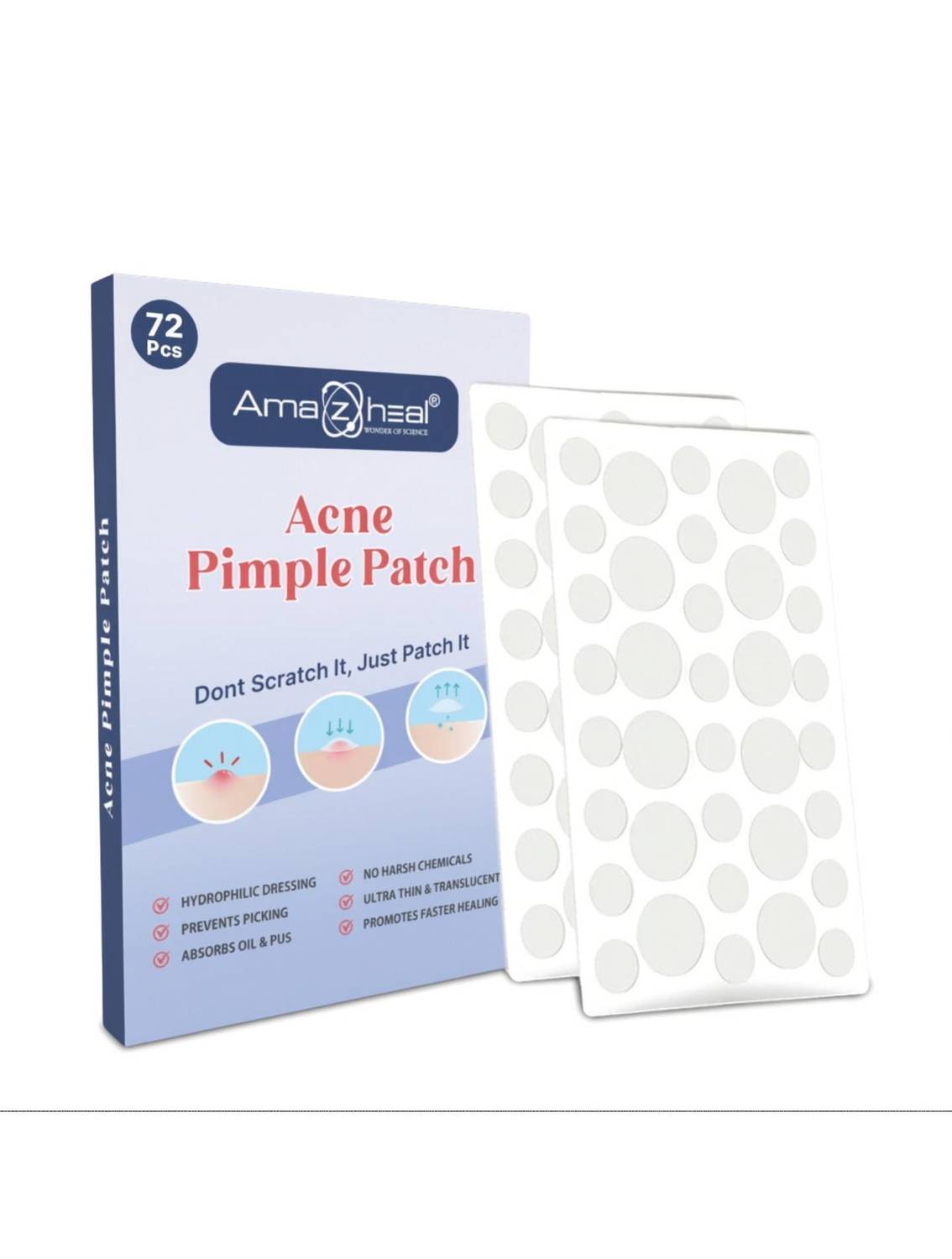 Amazheal Acne Pimple Patch, 72 Patches Invisible Facial Dots 100% Hydrocolloid Waterproof Patches | For All Skin Types