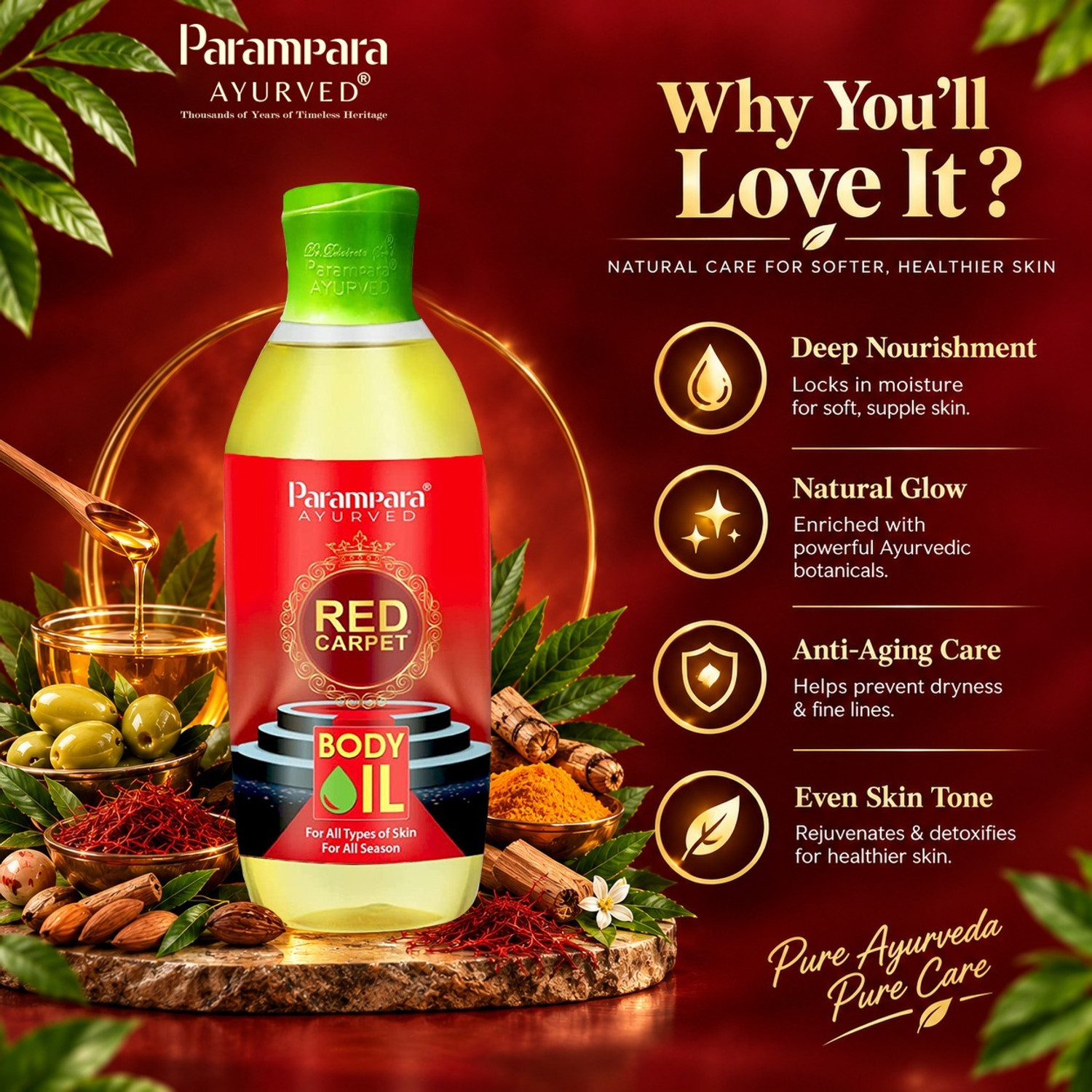 Image of Parampara Ayurved Red Carpet Body Oil for Men & Women 1 Litre (1000 ml)