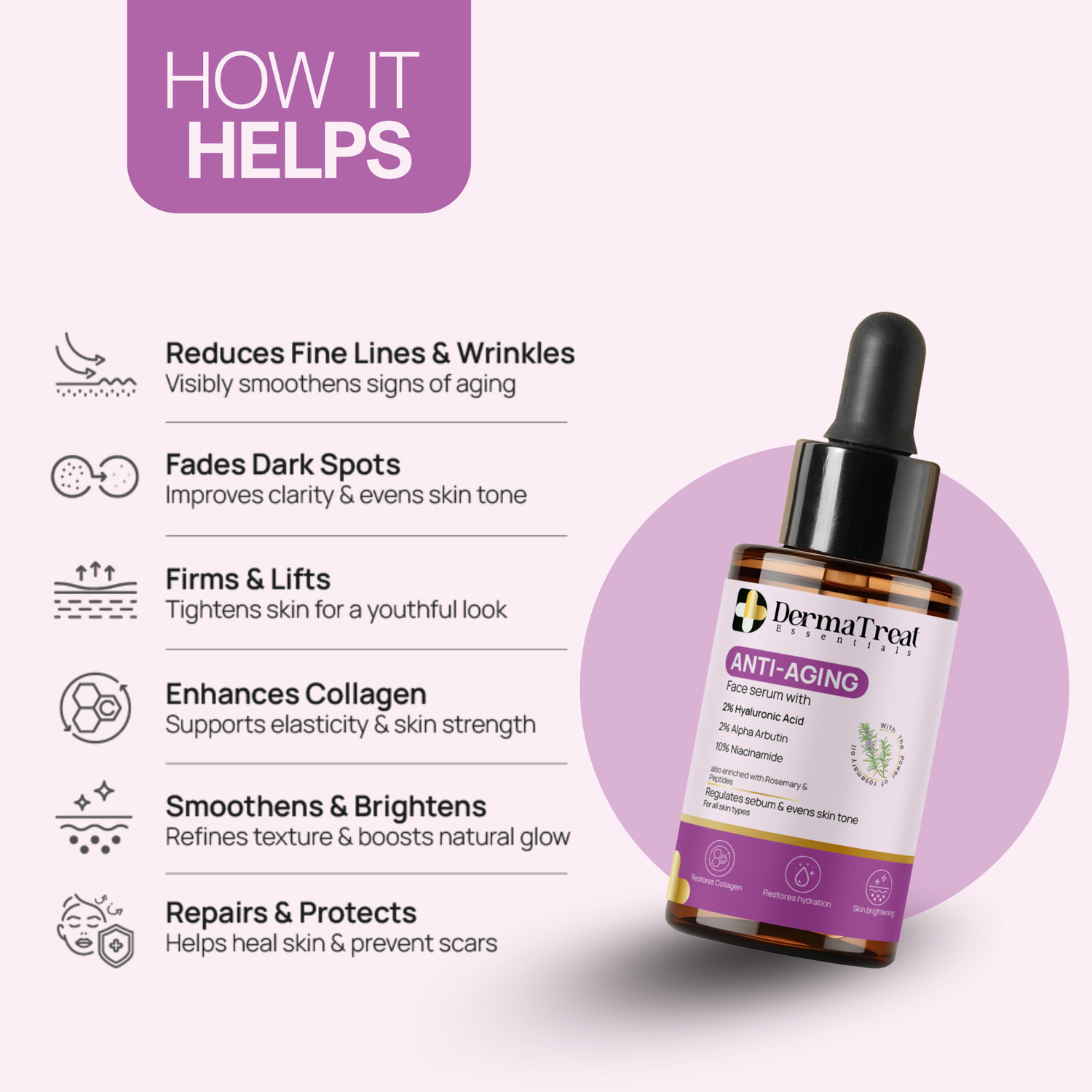 Image of DermaTreat Essentials Anti-Aging Face Serum with 2% Hyaluronic, 2% Alpha Arbutin, 10% Niacinamide Acid & Peptides For Wrinkles, Glow & Elasticity