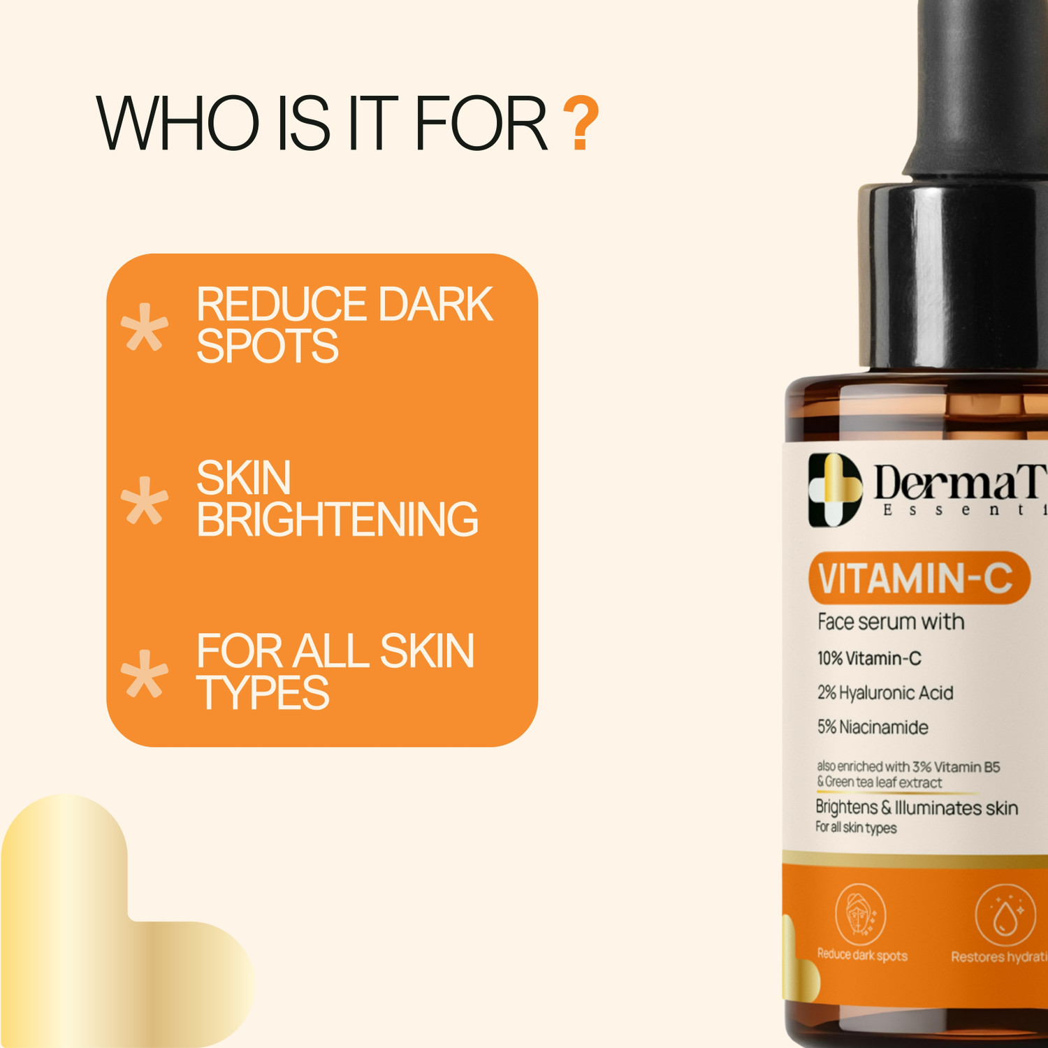 Image of DermaTreat Essentials 10% Vitamin C Face Serum with Niacinamide & Hyaluronic Acid | Reduces Dark Spots & Treats Pigmentation | For Glowing Skin
