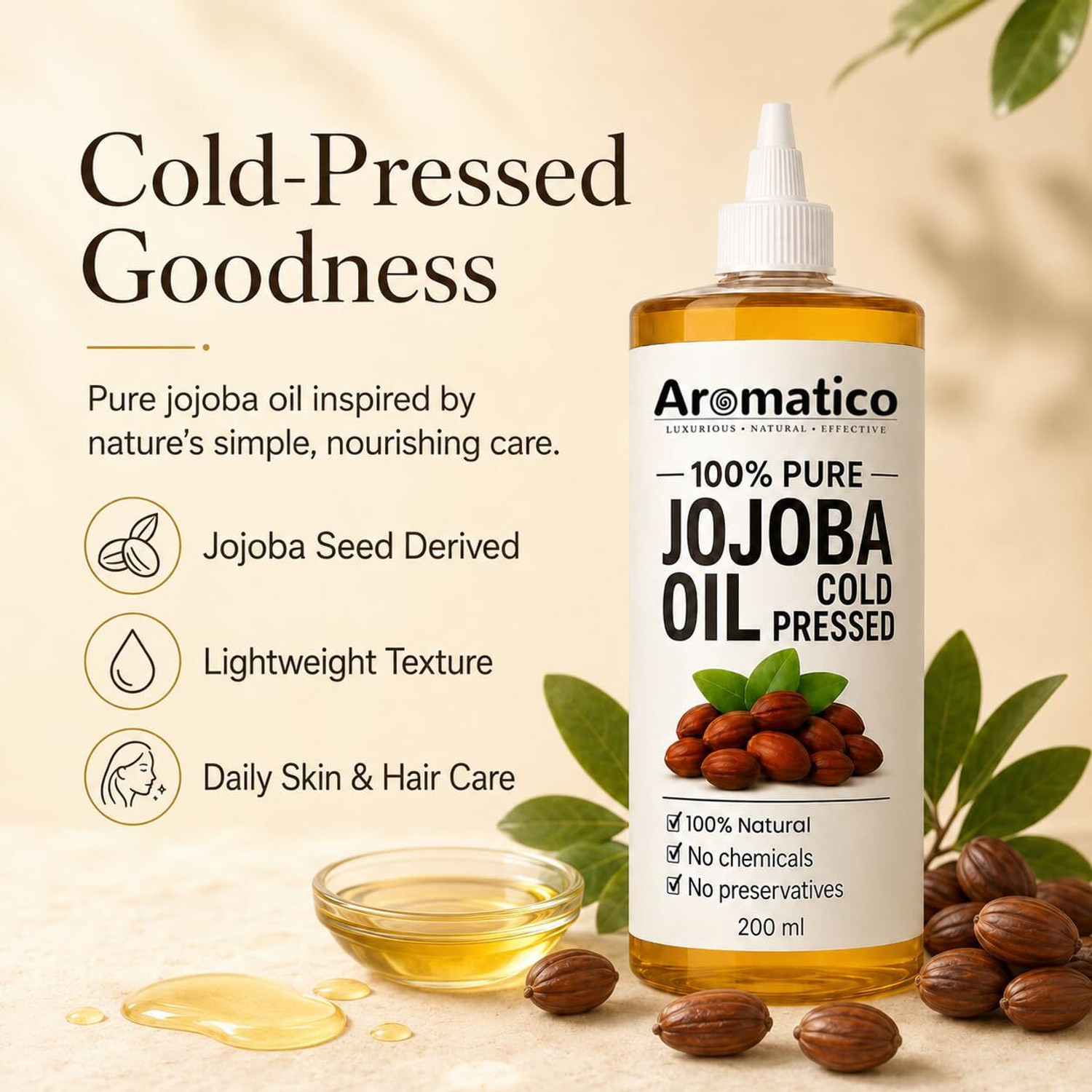 Image of Aromatico 100% Pure Cold Pressed Jojoba Oil for Nourishing Hair Growth and Glowing Skin