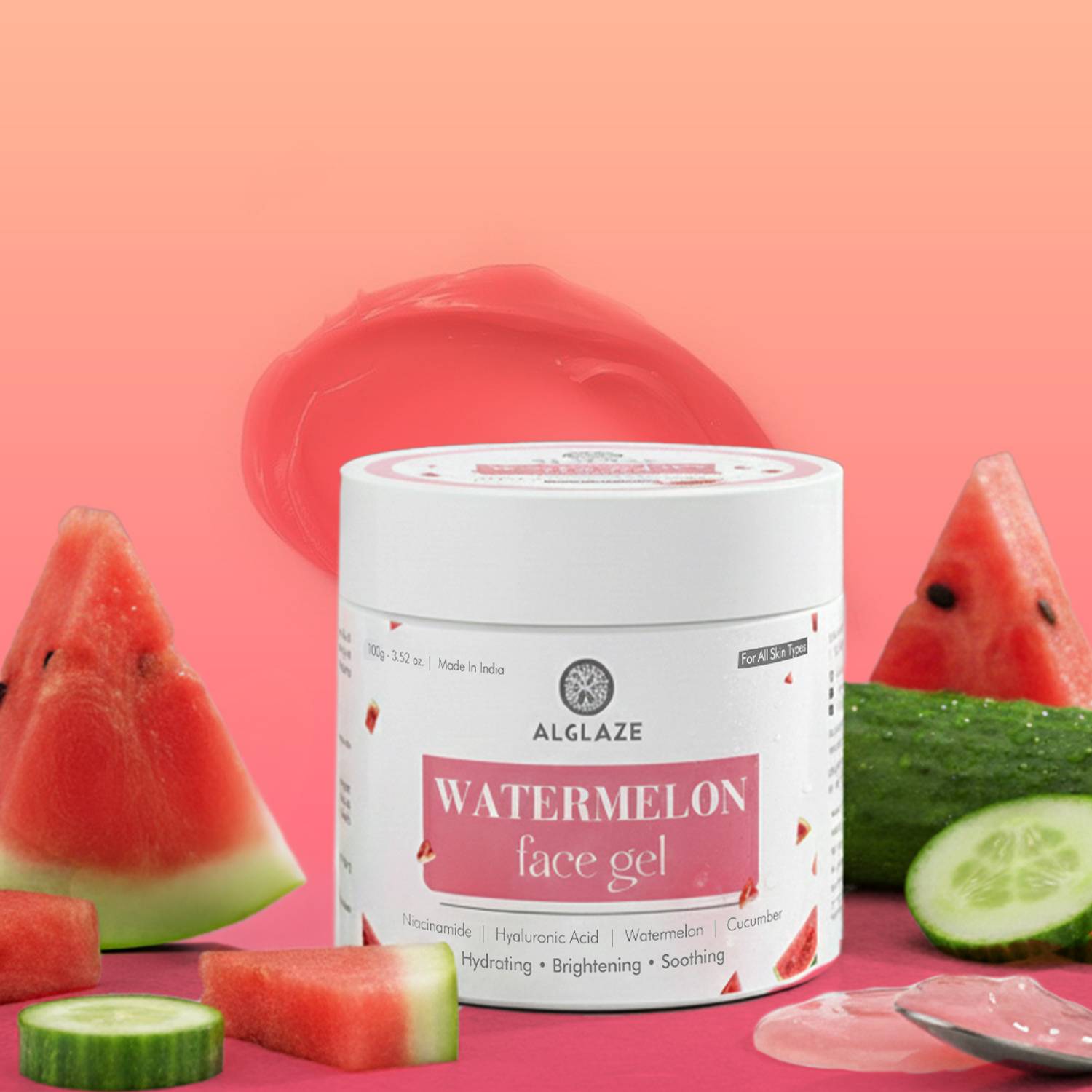 Alglaze Watermelon Face Gel | Hydrating, Brightening & Soothing | Niacinamide, Hyaluronic Acid & Watermelo