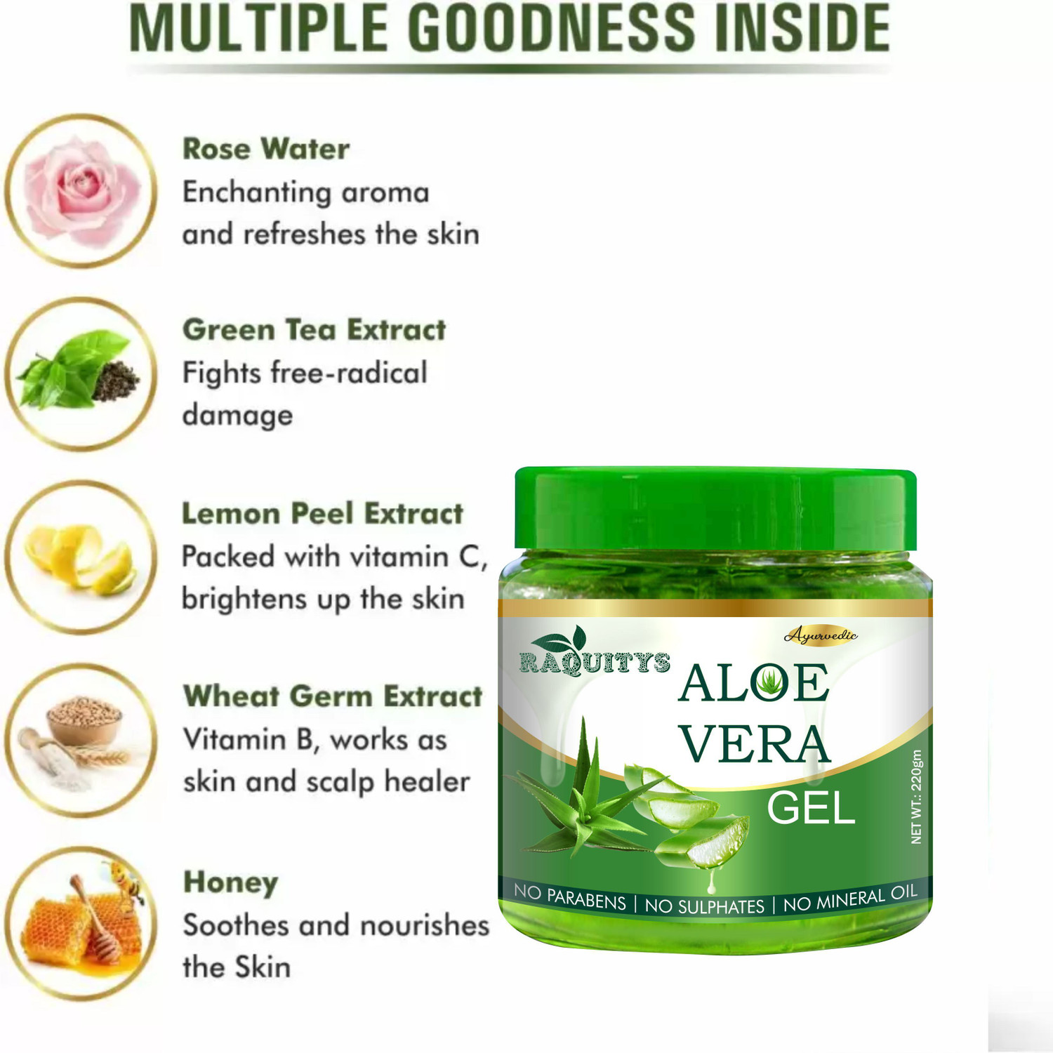 Image of RAQUITYS Aloe Vera Gel for Face and hair, Moisturizing Skin 220GM