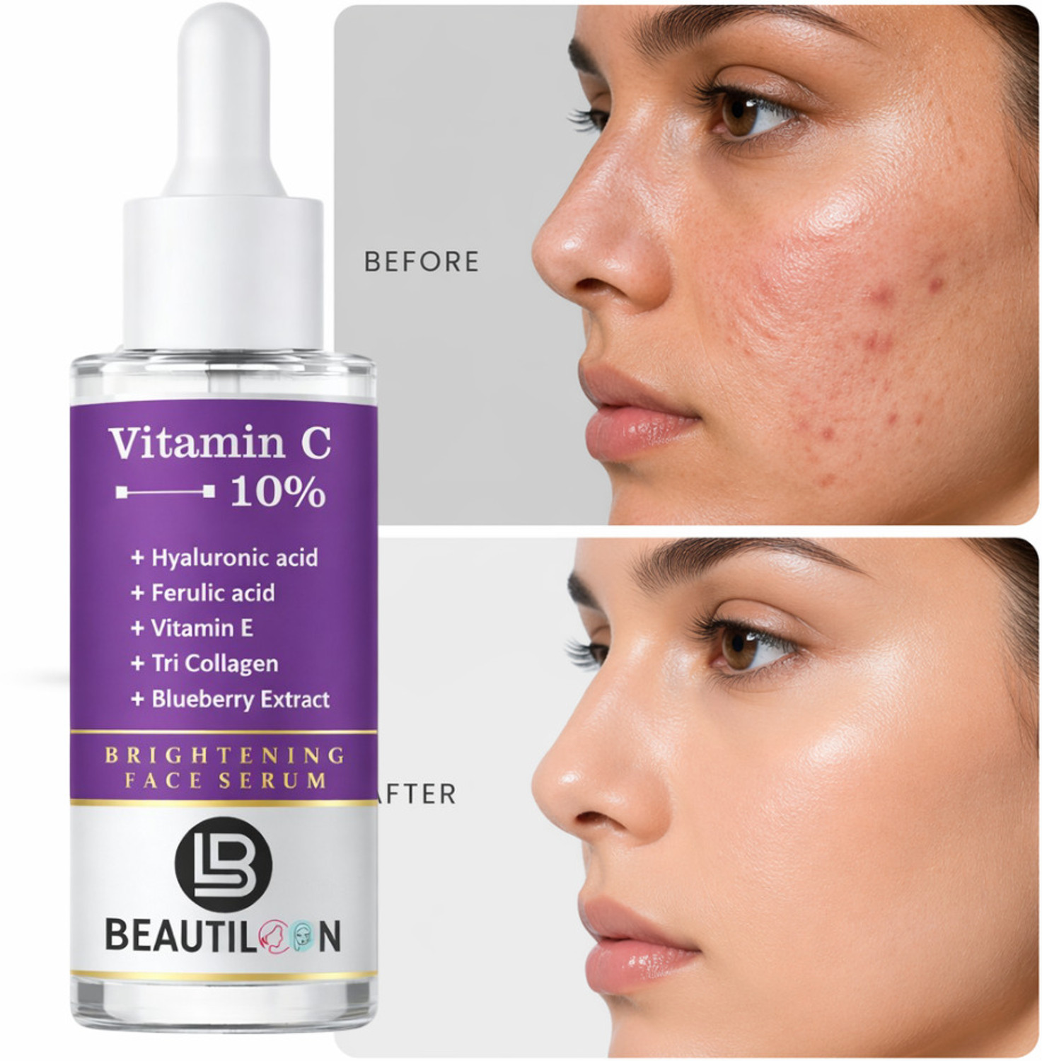 Image of beautiloon Vitamin C Face Serum for Skin Tightening Hydration and Deep Nourishment with Vitamin E Ferulic Acid Tri Collagen Blueberry Extract and Hyaluronic Acid for Natural Face Glow