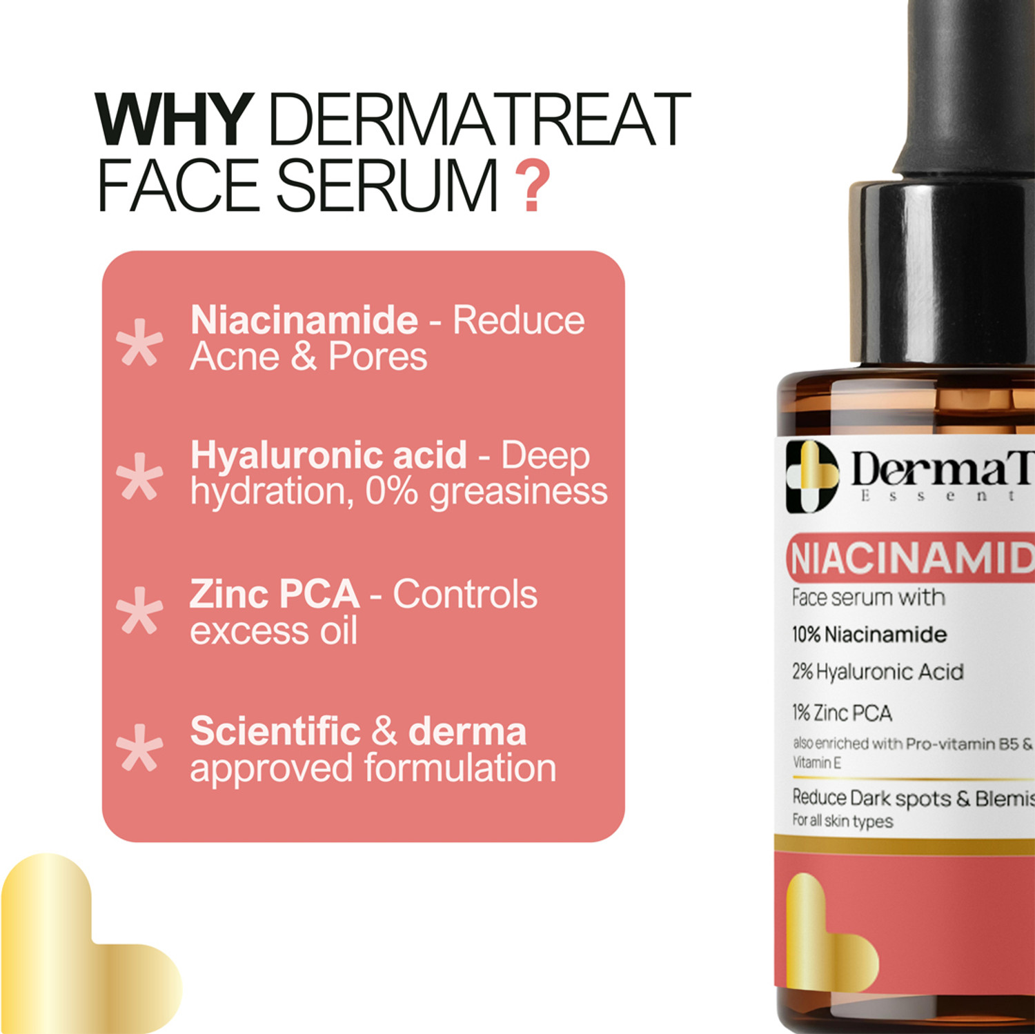 Image of DermaTreat Essentials DermaTreat Essentials Niacinamide Face Serum for Oily & Acne-Prone Skin | Controls Oil, Reduces Acne & Minimizes Pores | Non-Comedogenic, Dermatologically Tested