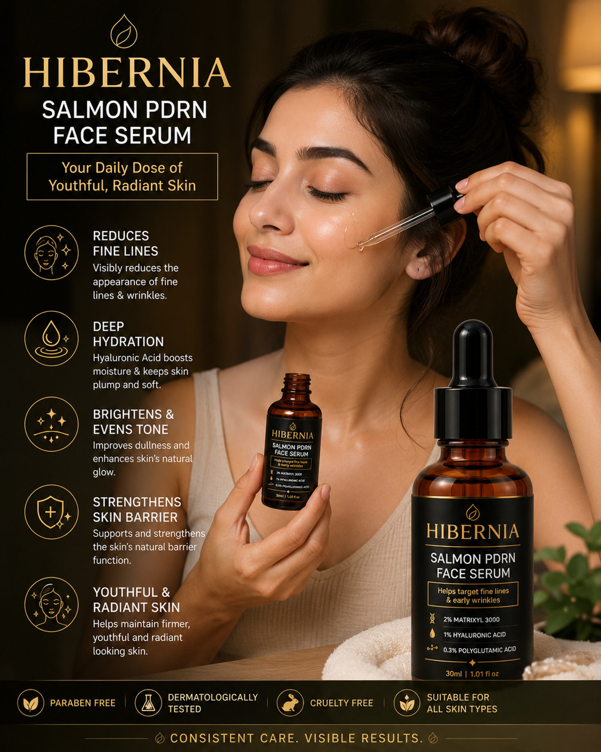 Image of Hibernia NEW Salmon PDRN Face Serum with Hyaluronic Acid, Niacinamide & Matrixyl 3000 | Anti-Aging, Hydrating & Brightening Serum (30 ml)
