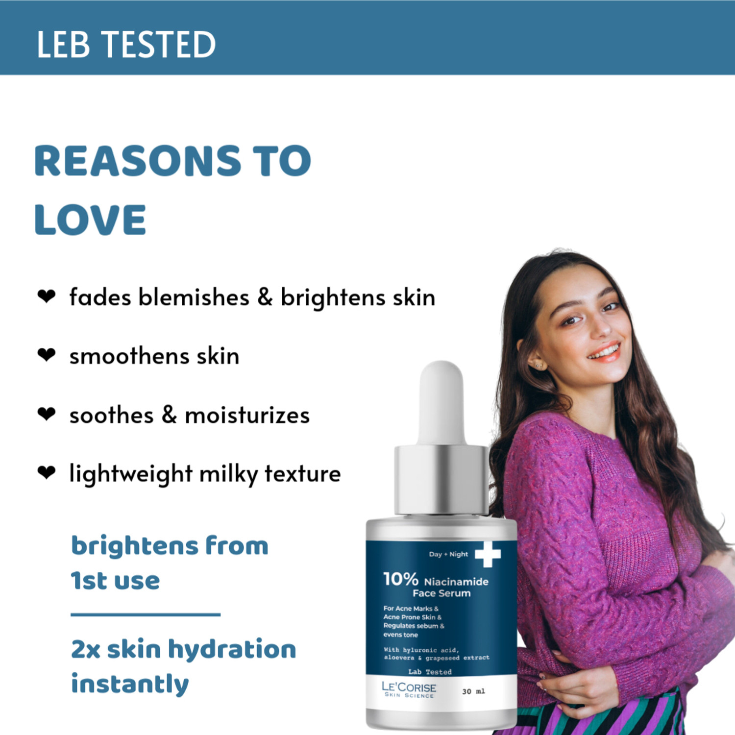 Image of Le'Corise 10% Niacinamide Face Serum for Acne Marks, Blemishes & Oil Balancing with Hyaluronic Acid | Skin Clarifying Anti Acne Serum for Oily & Acne Prone Skin For Men and Women All Skin Type |