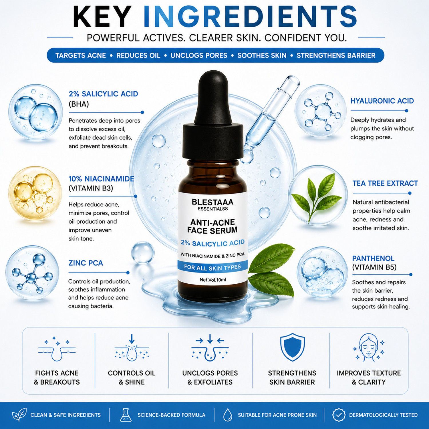 Image of blestaaa essentialss 2% Salicylic Acid AcneClear Face Serum with Niacinamide & Zinc PCA | Oil Control, Pore Cleansing & Acne Reduction | For Oily & Acne-Prone Skin