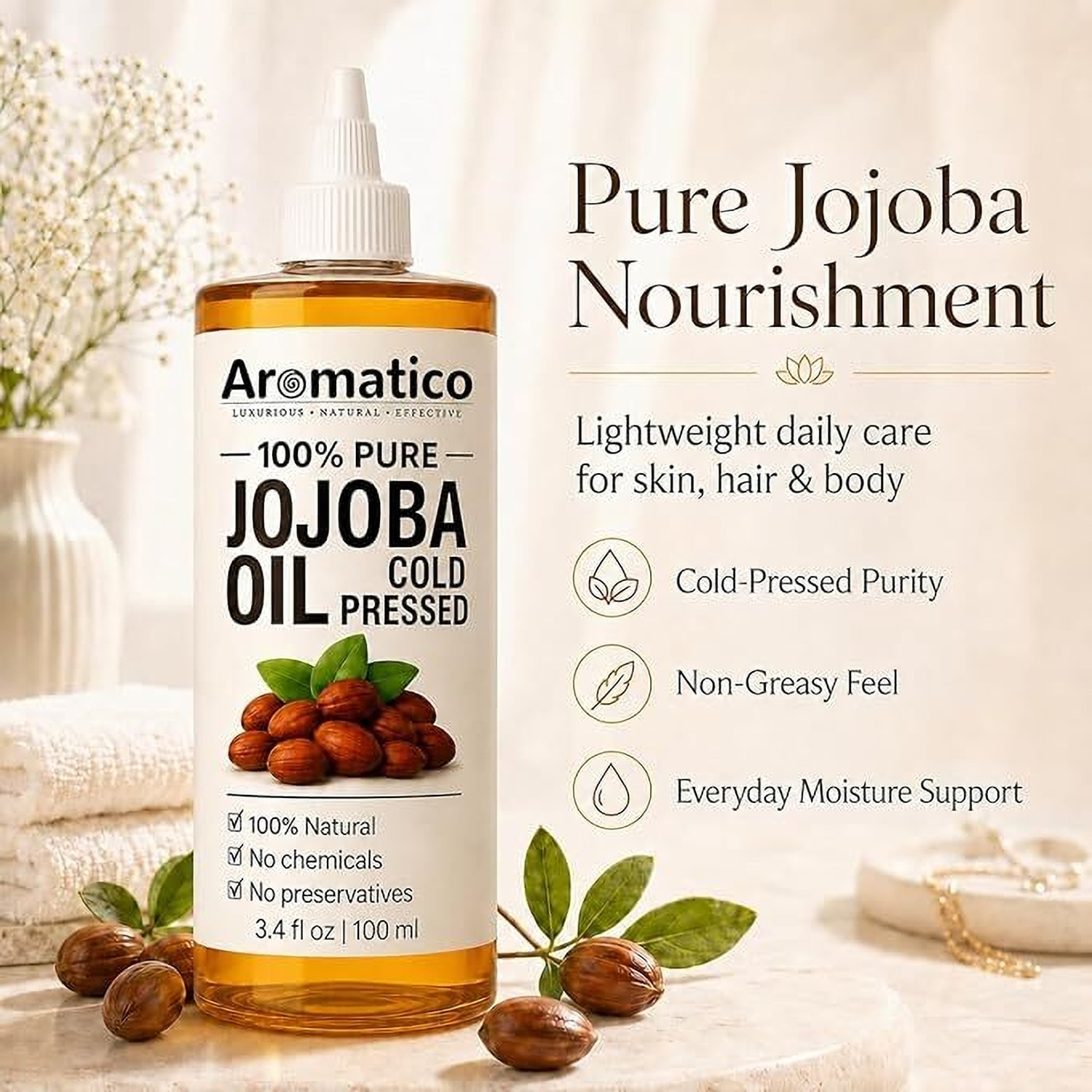 Image of Aromatico 100% Pure Cold Pressed Jojoba Oil for Nourishing Hair Growth and Glowing Skin