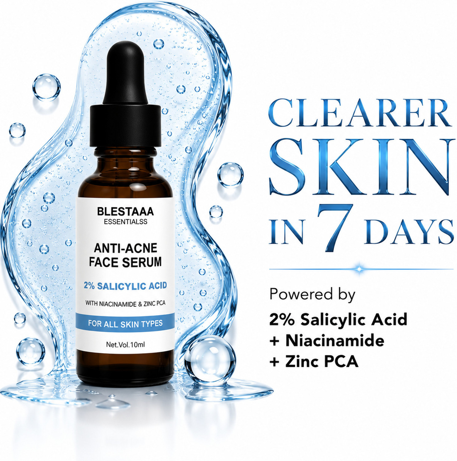 Image of blestaaa essentialss 2% Salicylic Acid AcneClear Face Serum with Niacinamide & Zinc PCA | Oil Control, Pore Cleansing & Acne Reduction | For Oily & Acne-Prone Skin