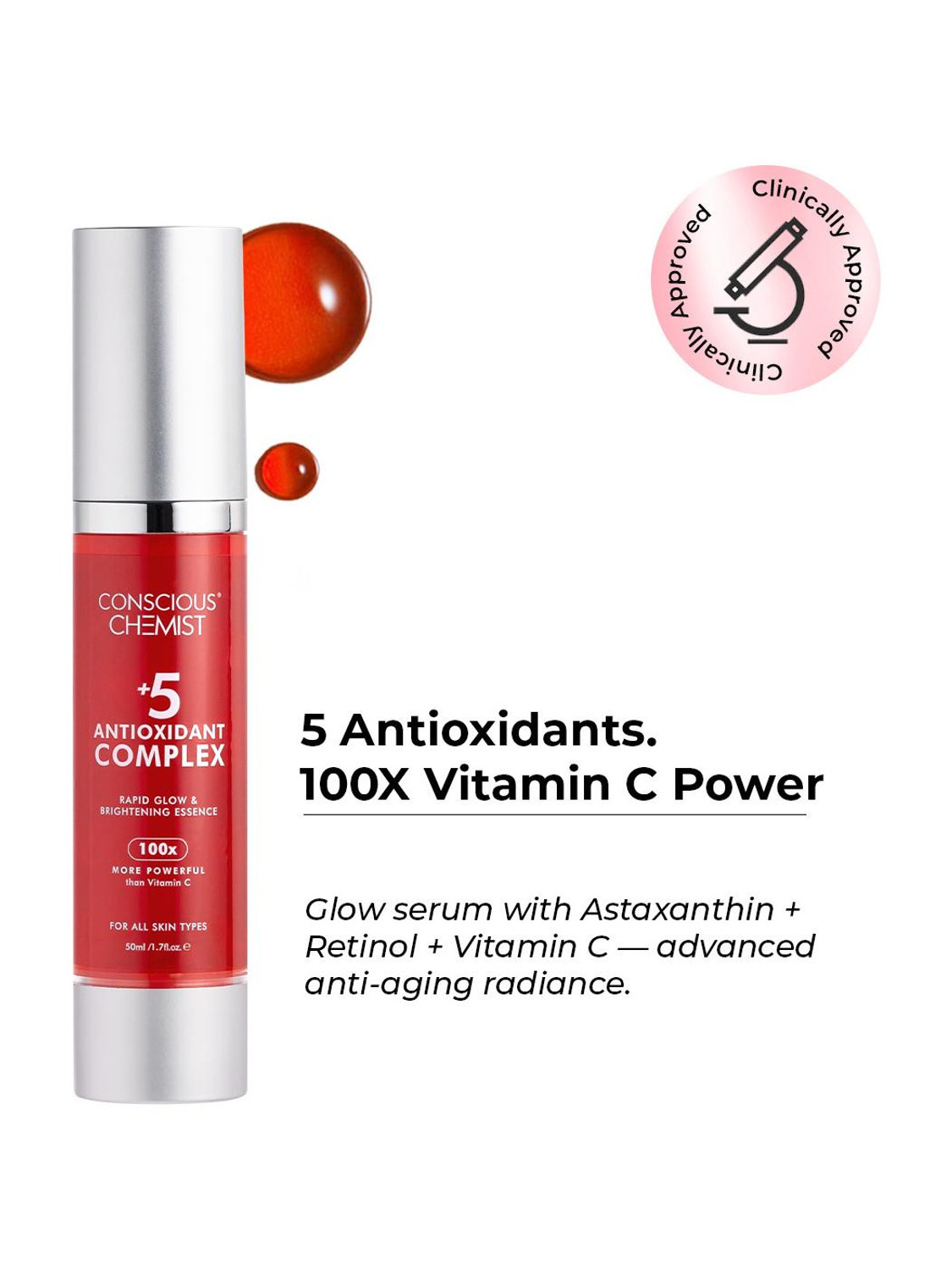 Conscious Chemist Rapid Glow & Brightening Essence Face Serum with 5 Antioxidant Complex, Vitamin E & Retinol | For Radiant, Even Toned Skin | Men & Women