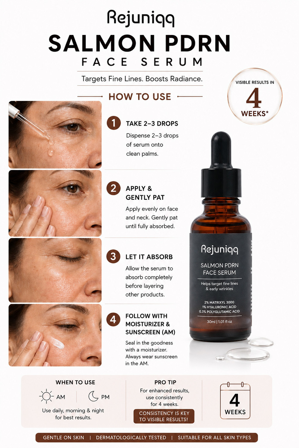 Image of rejuniqq Salmon PDRN Face Serum with Hyaluronic Acid, Niacinamide & Matrixyl 3000 | Anti-Aging, Hydrating & Brightening Serum