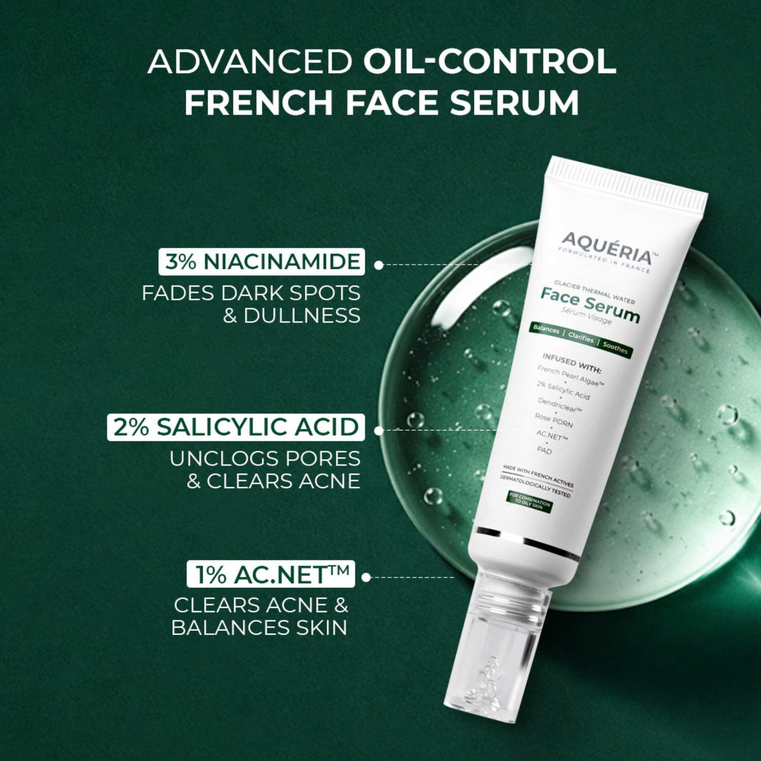 Image of Aqueria 3% Niacinamide Oil Control French Face Serum Reduces Acne & Dark Spots For Oily & Combination Skin