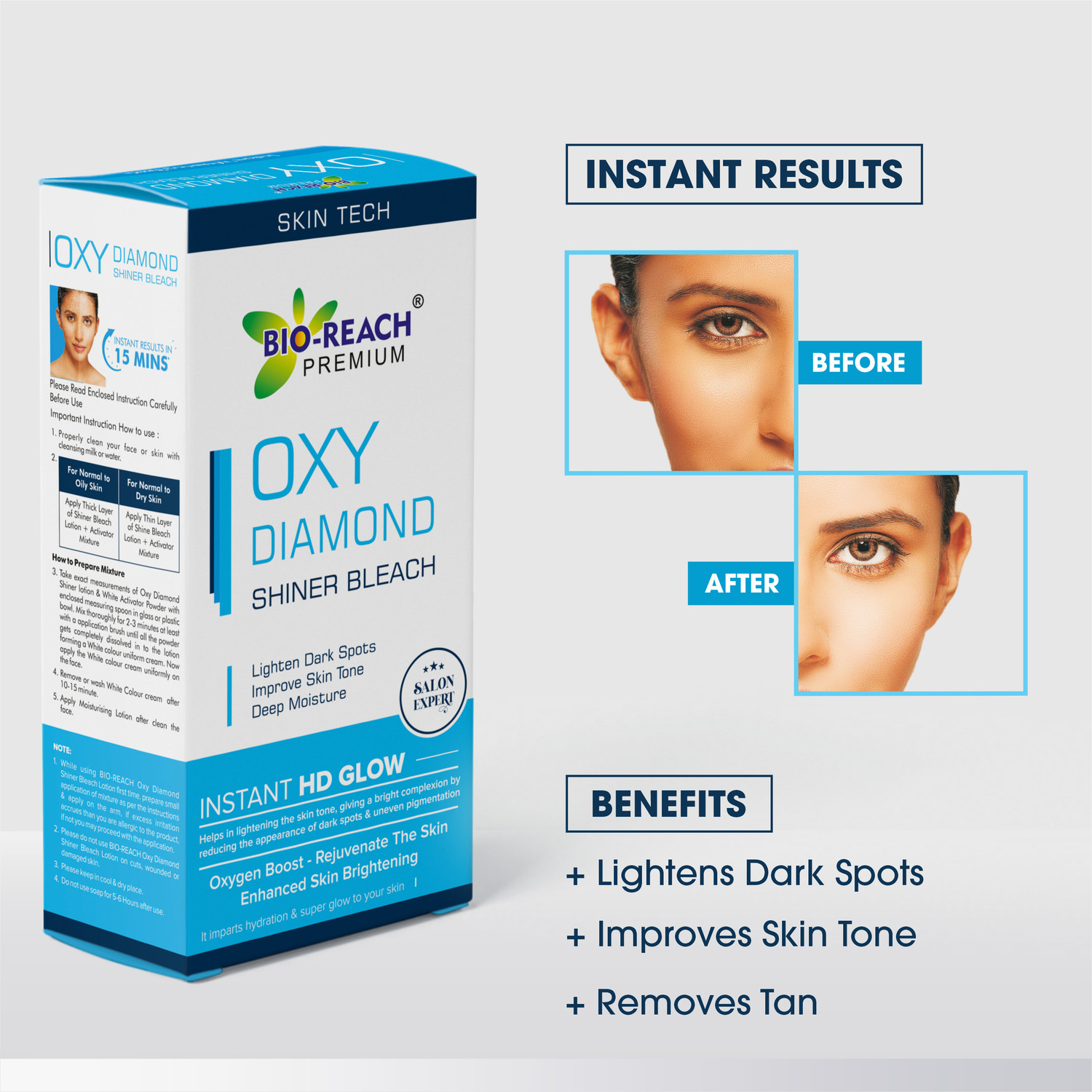 Image of Bio Reach OXY DIAMOND GLOW SHINER BLEACH | INSTANT HD GLOW | PACK OF 4