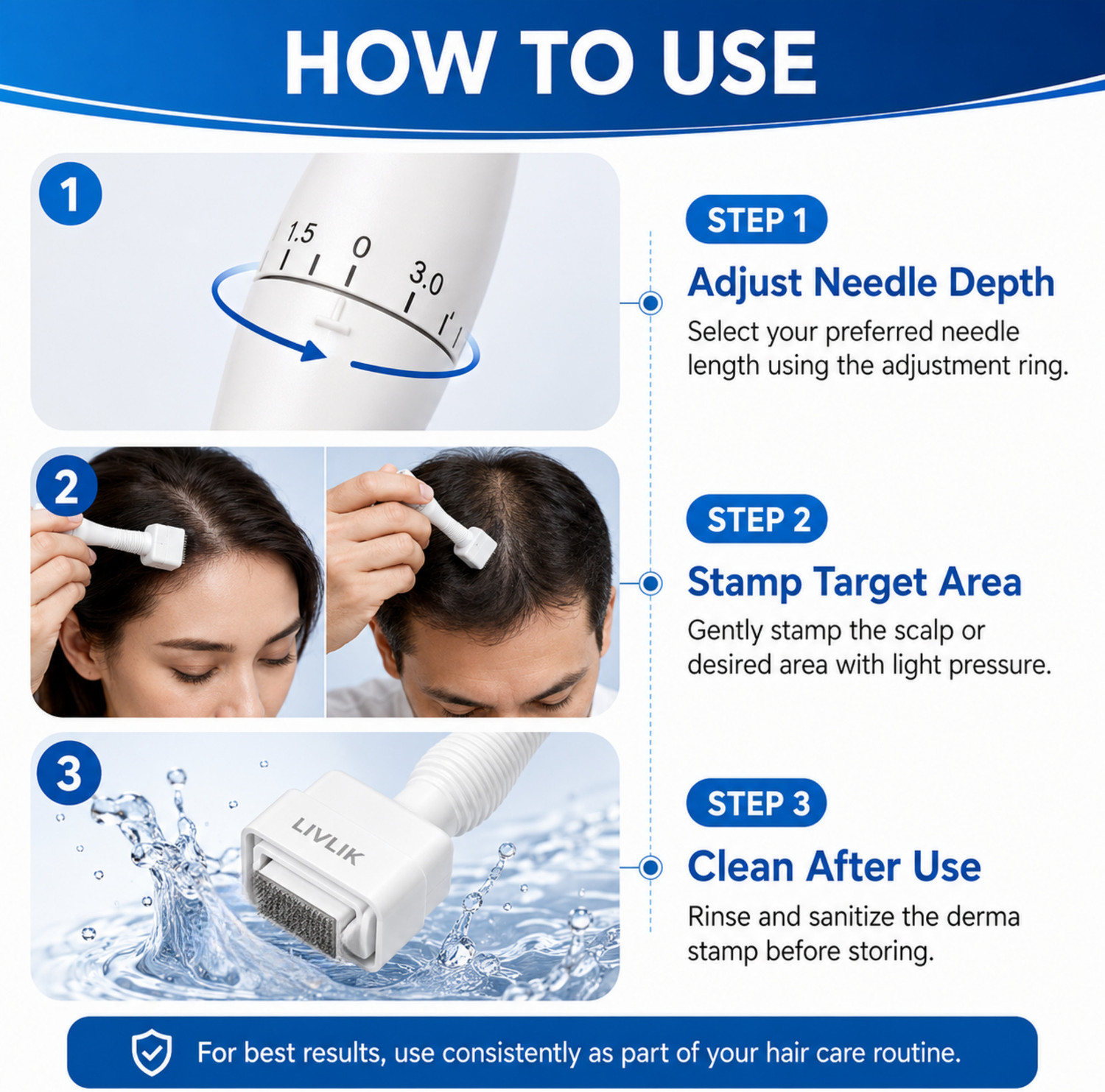 Image of LIKLIV Advance adjustable Derma Stamp 0~3mm 140 Microneedles- for Beard growth, Skin care & Hair