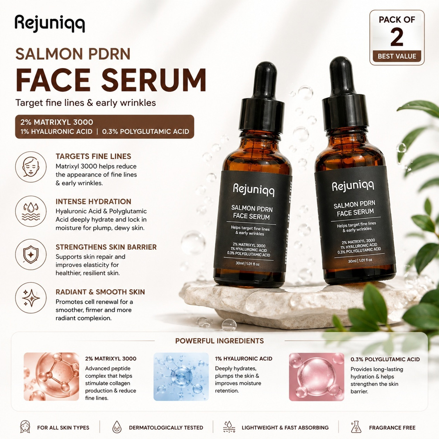 Image of rejuniqq Salmon PDRN Face Serum with Hyaluronic Acid, Niacinamide & Matrixyl 3000 | Anti-Aging, Hydrating & Brightening Serum