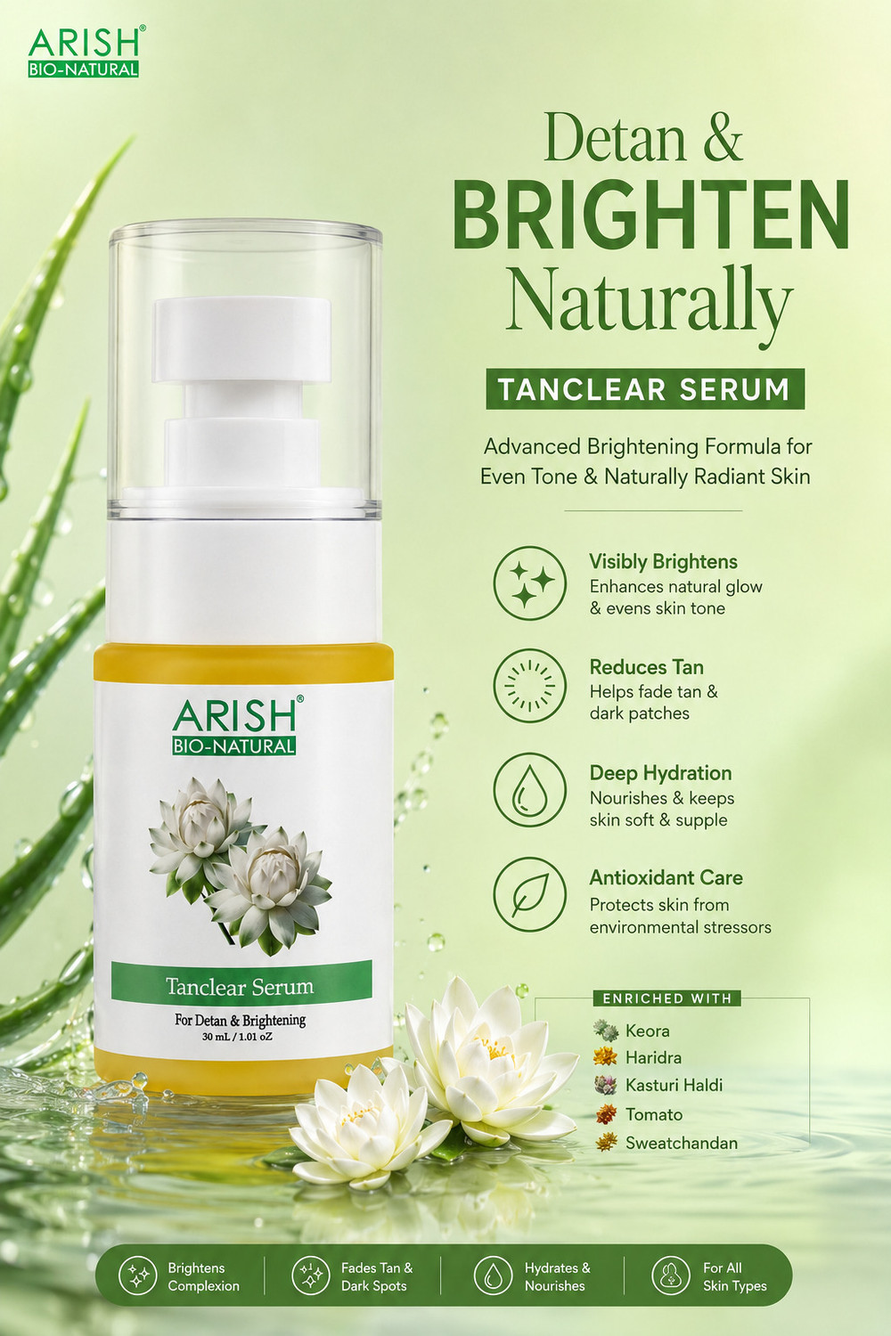 Image of ARISH BIO-NATURAL Tanclear Serum - Professional Tan Removal & Skin Brightening Formula | Evens Skin Tone |