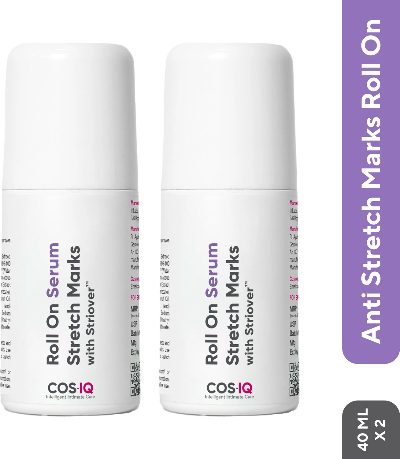 Image of Cos-IQ Stretch Marks Removal Roll-On Serum with Striover, Scar Removal, Uneven Skin Tone, All Skin Types (40ml x 2)