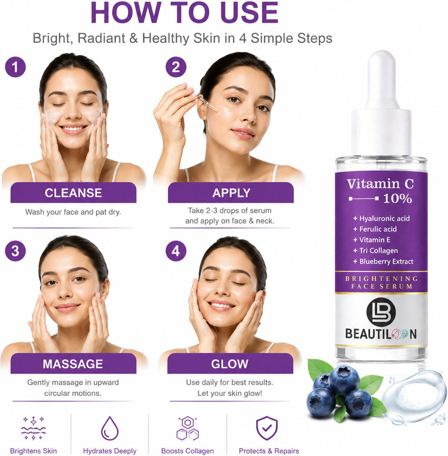 Image of beautiloon Vitamin C Face Serum for Skin Tightening Hydration and Deep Nourishment with Vitamin E Ferulic Acid Tri Collagen Blueberry Extract and Hyaluronic Acid for Natural Face Glow