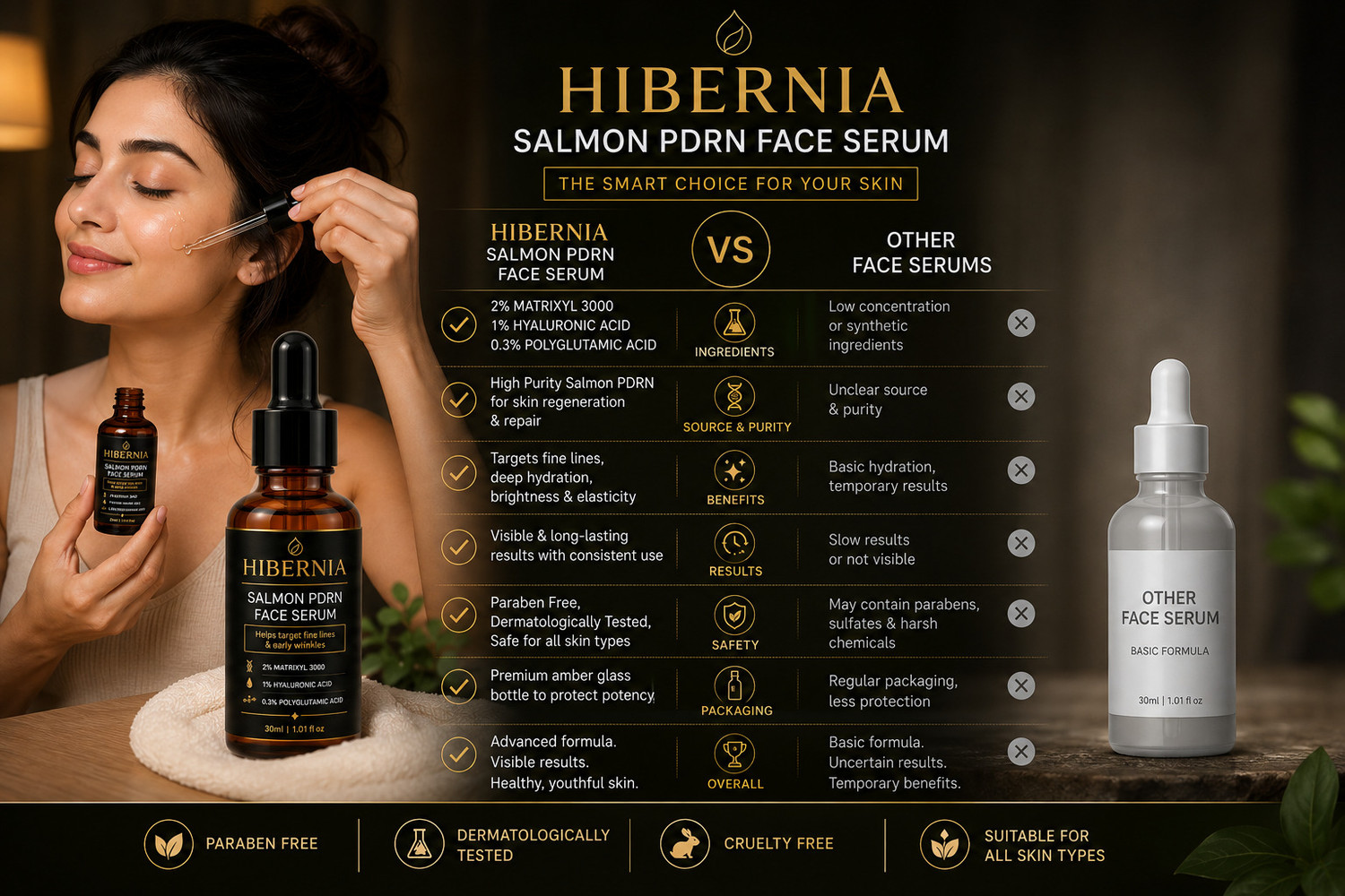 Image of Hibernia NEW Salmon PDRN Face Serum with Hyaluronic Acid, Niacinamide & Matrixyl 3000 | Anti-Aging, Hydrating & Brightening Serum (30 ml)