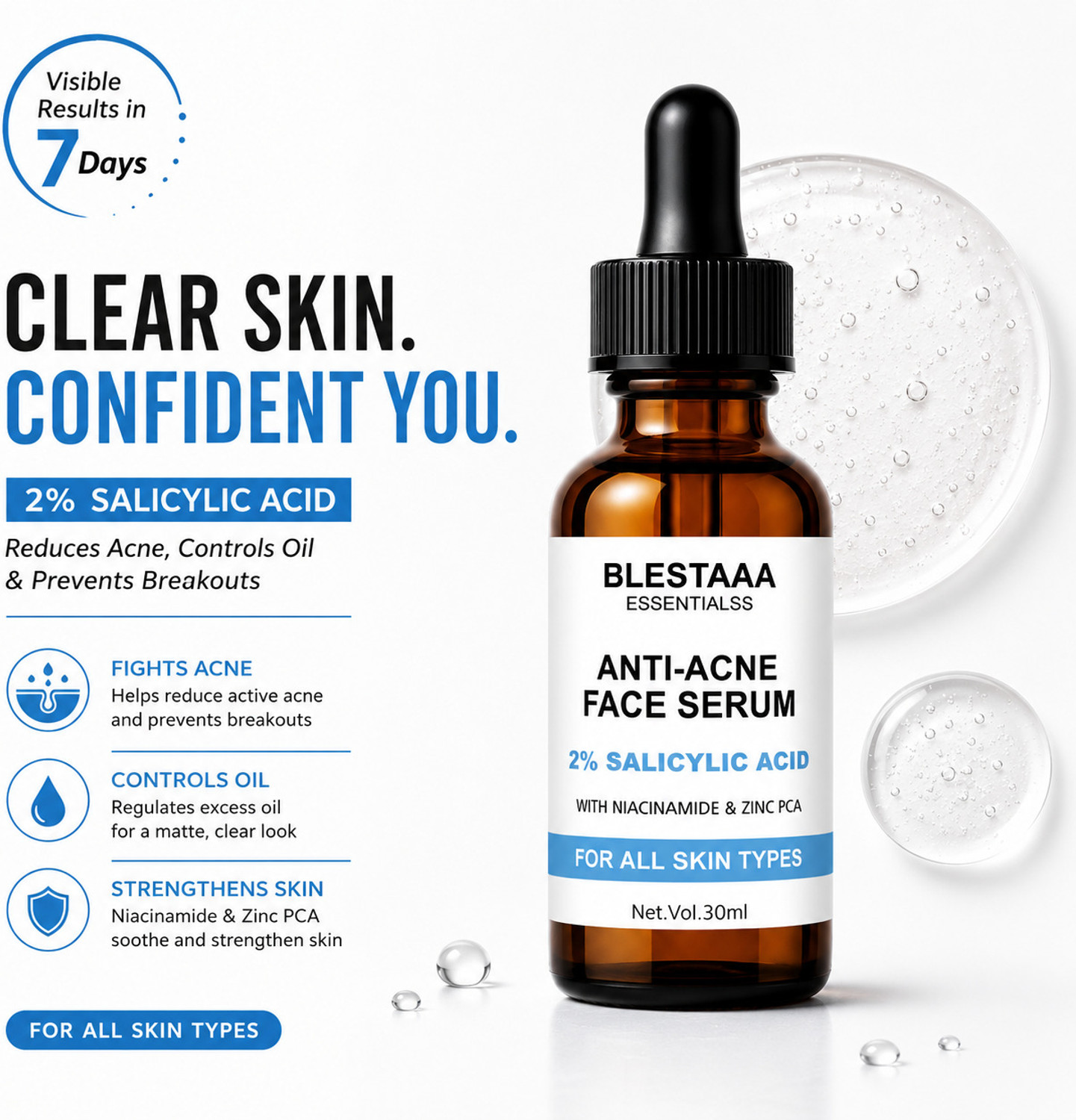 Image of blestaaa essentialss 2% Salicylic Acid AcneClear Face Serum with Niacinamide & Zinc PCA | Oil Control, Pore Cleansing & Acne Reduction | For Oily & Acne-Prone Skin
